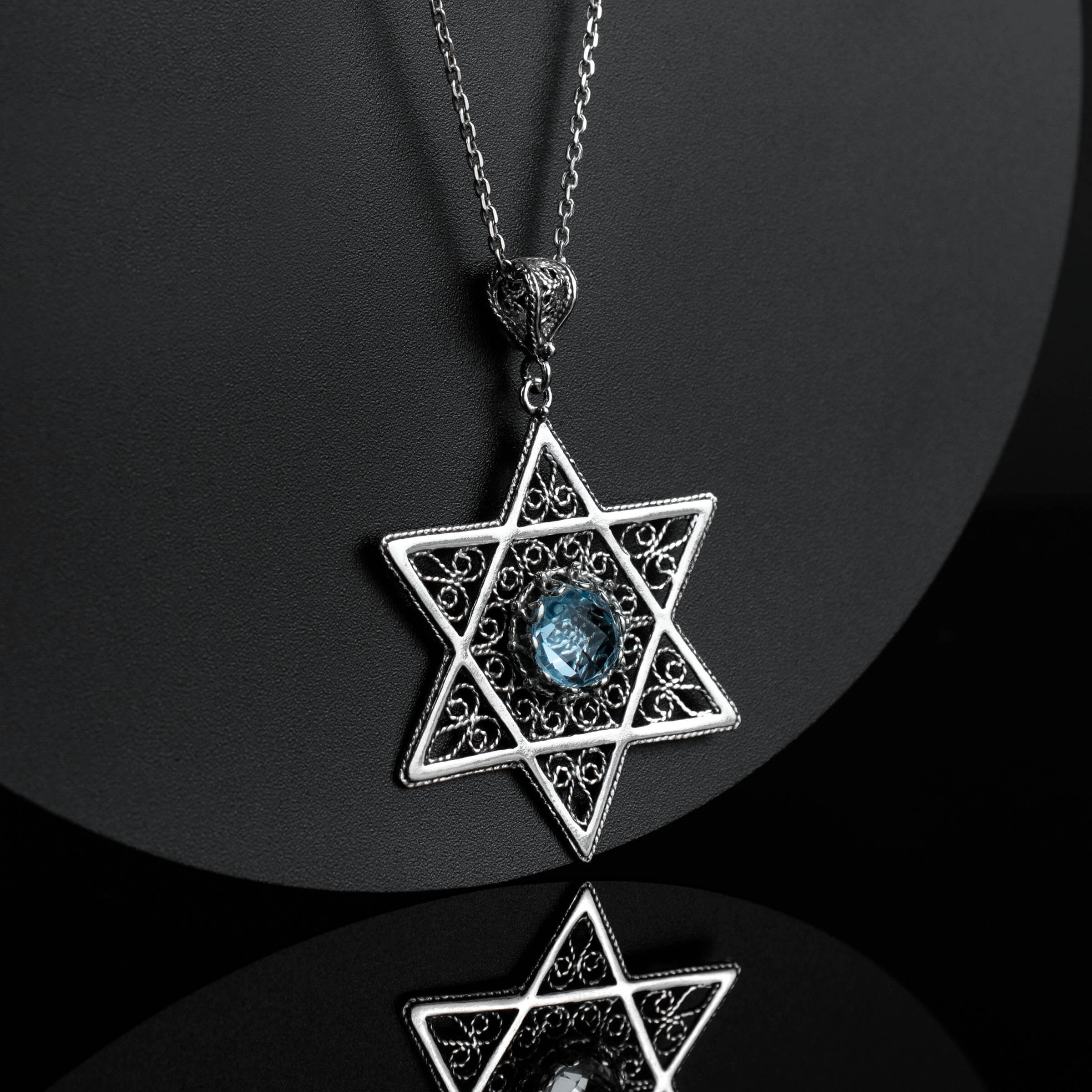 Filigree Art Blue Topaz Gemstone Star of David Women Silver Pendant