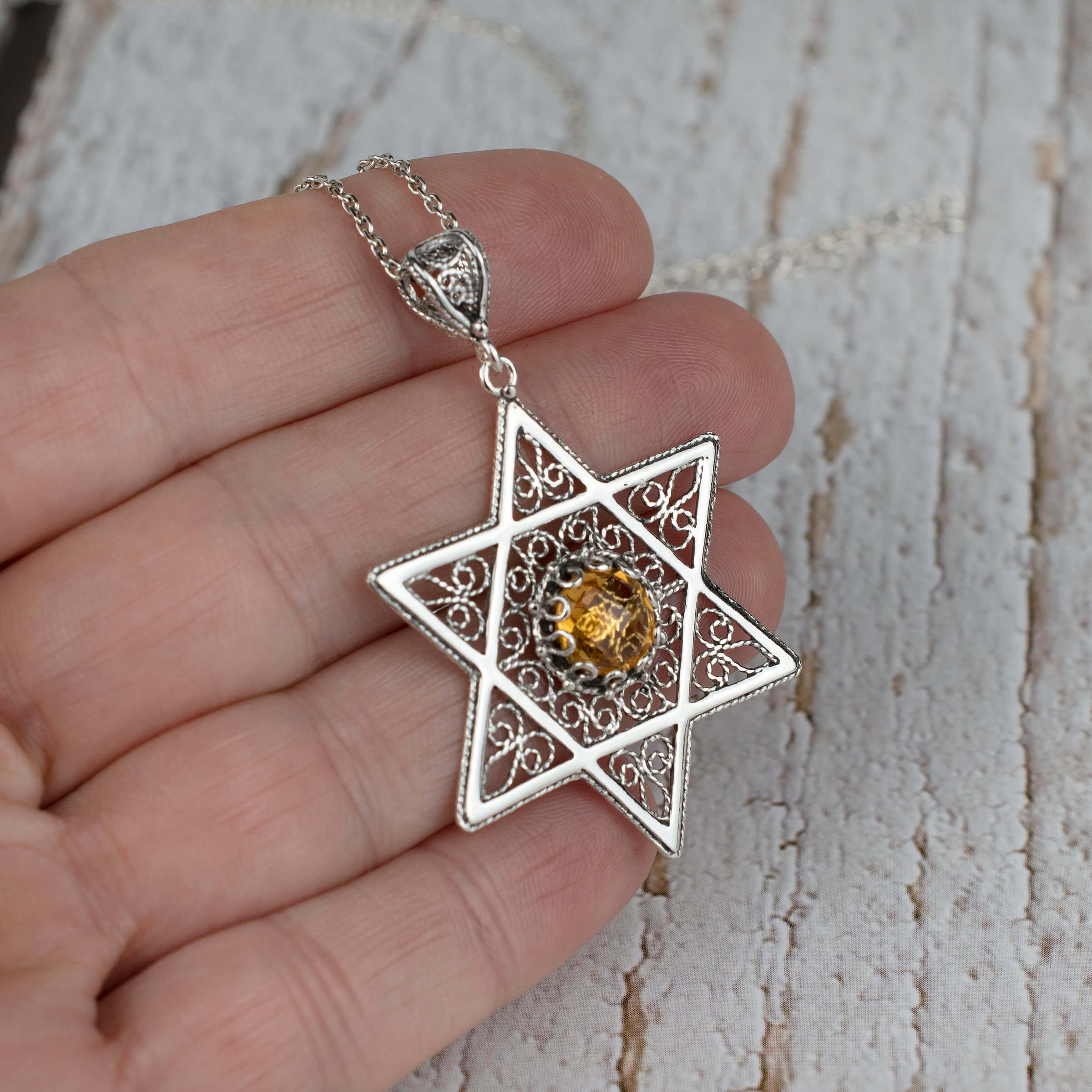 Filigree Art Citrine Gemstone Star of David Women Silver Pendant