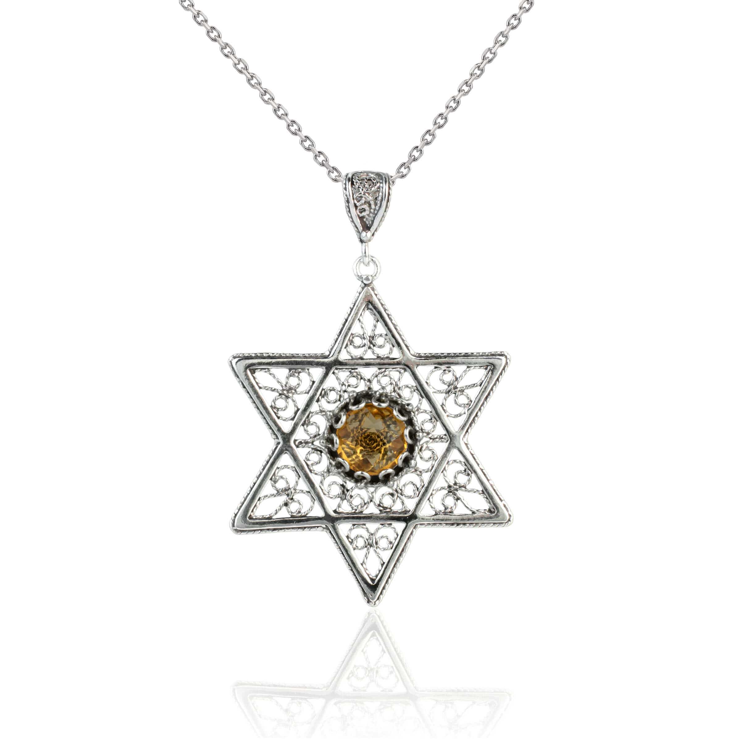 Filigree Art Citrine Gemstone Star of David Women Silver Pendant