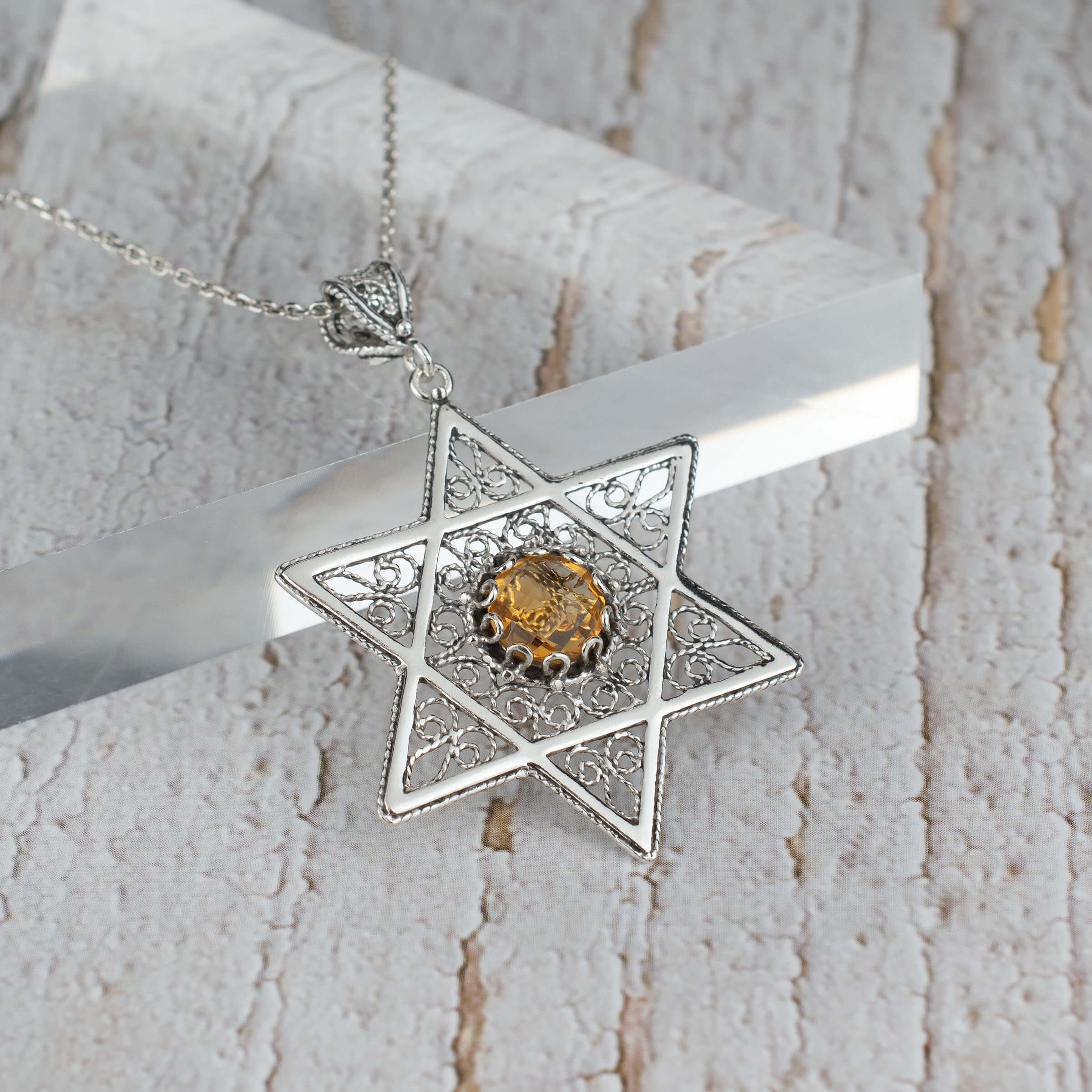 Filigree Art Citrine Gemstone Star of David Women Silver Pendant