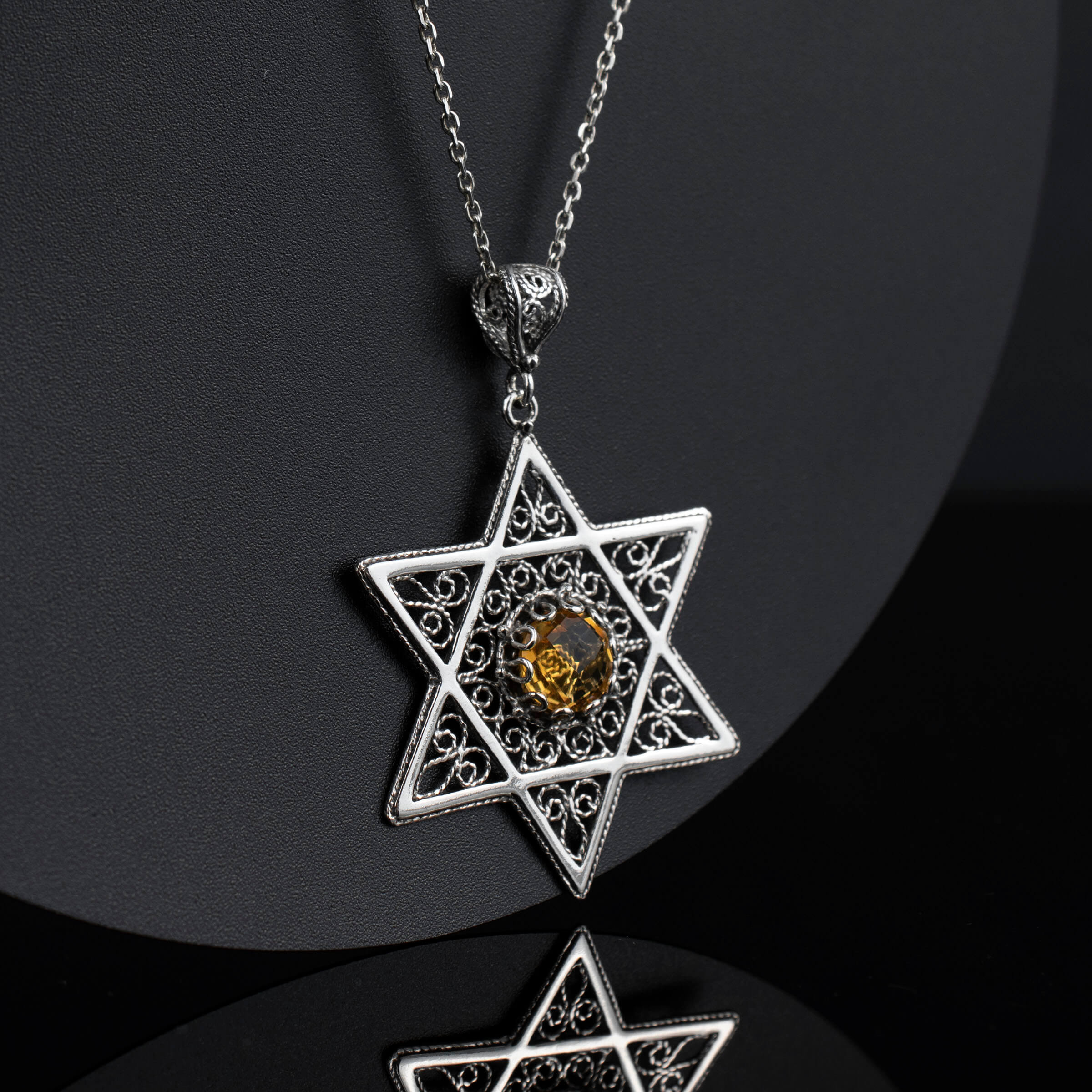 Filigree Art Citrine Gemstone Star of David Women Silver Pendant