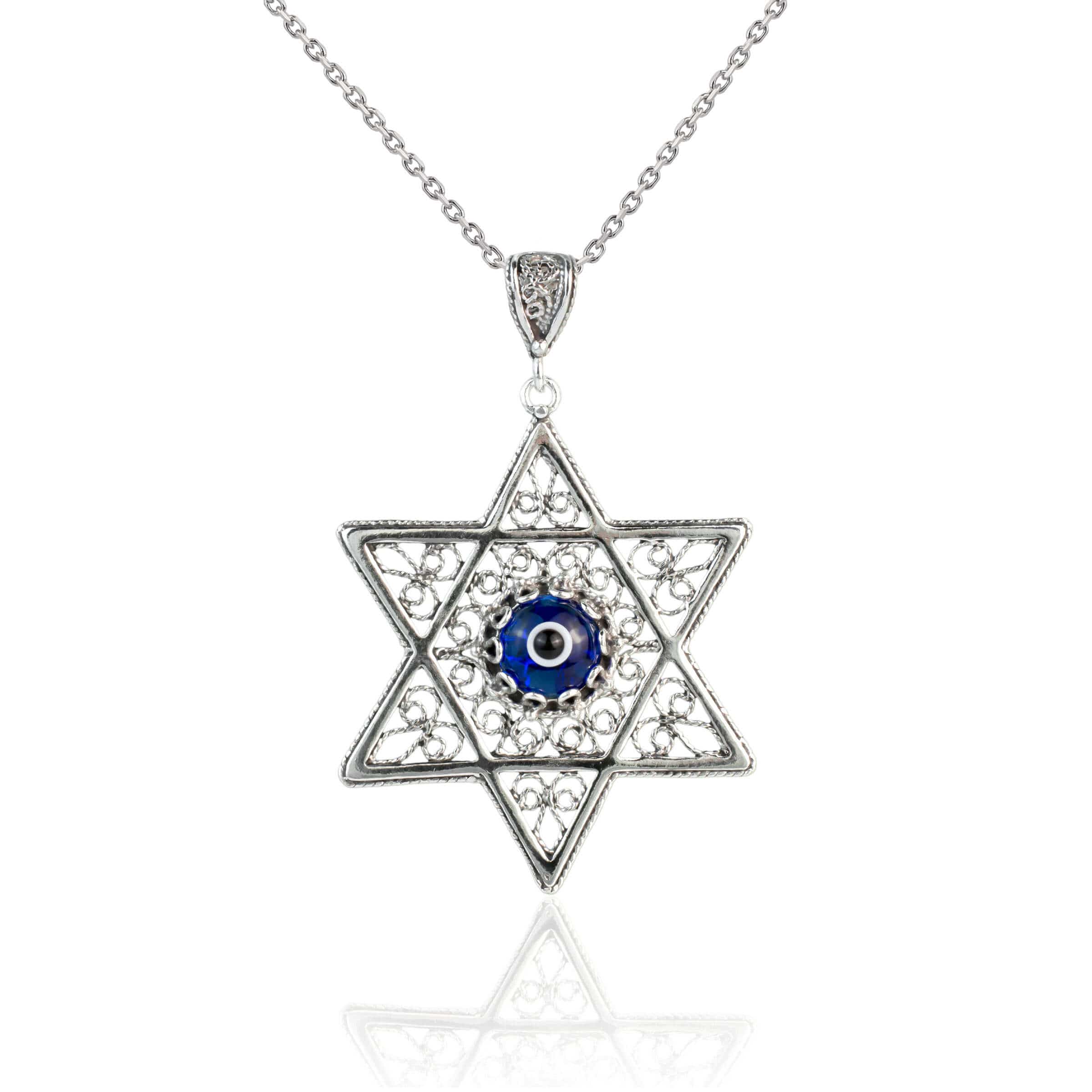 Filigree Art Evil Eye Stone Star of David Women Silver Pendant