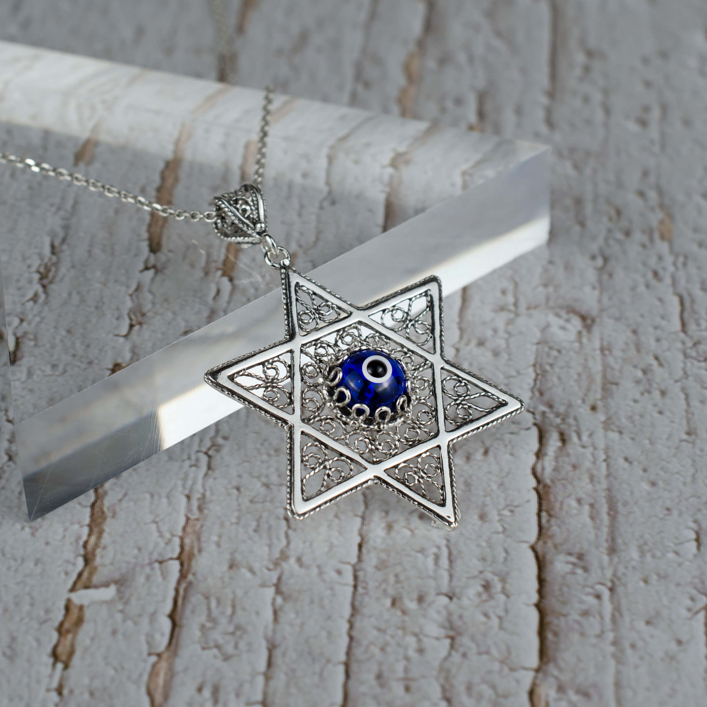 Filigree Art Evil Eye Stone Star of David Women Silver Pendant