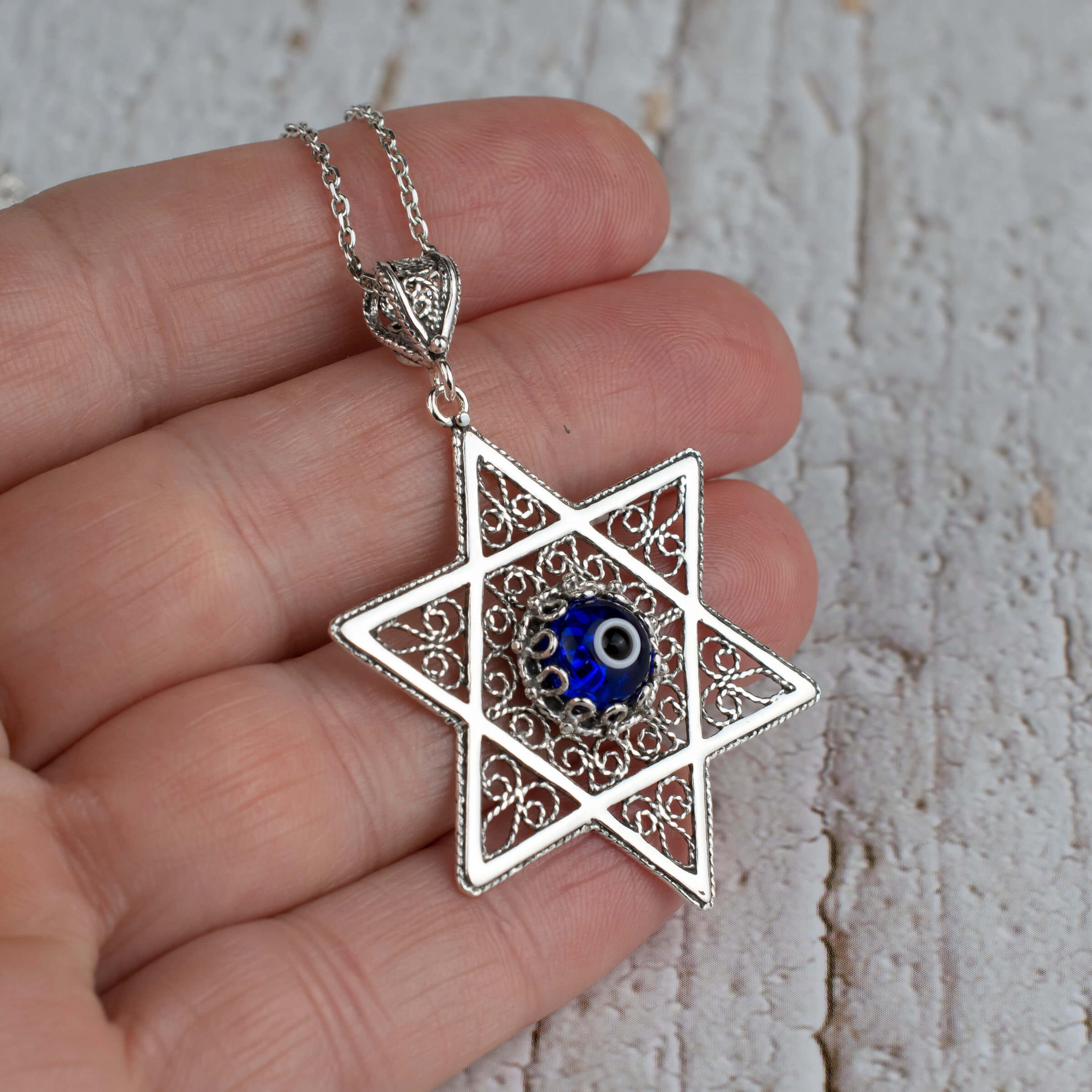 Filigree Art Evil Eye Stone Star of David Women Silver Pendant