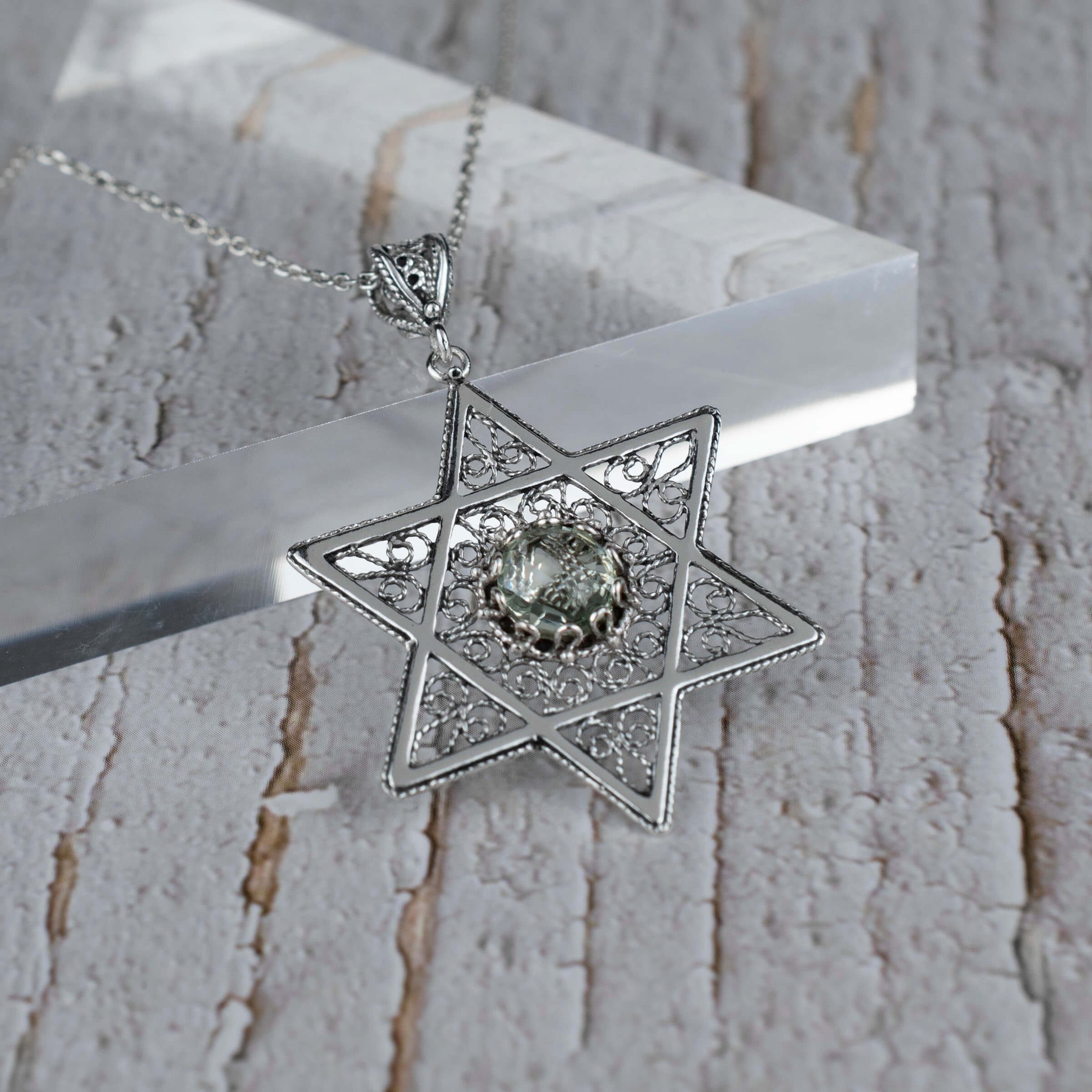 Filigree Art Prasiolite Gemstone Star of David Women Silver Pendant