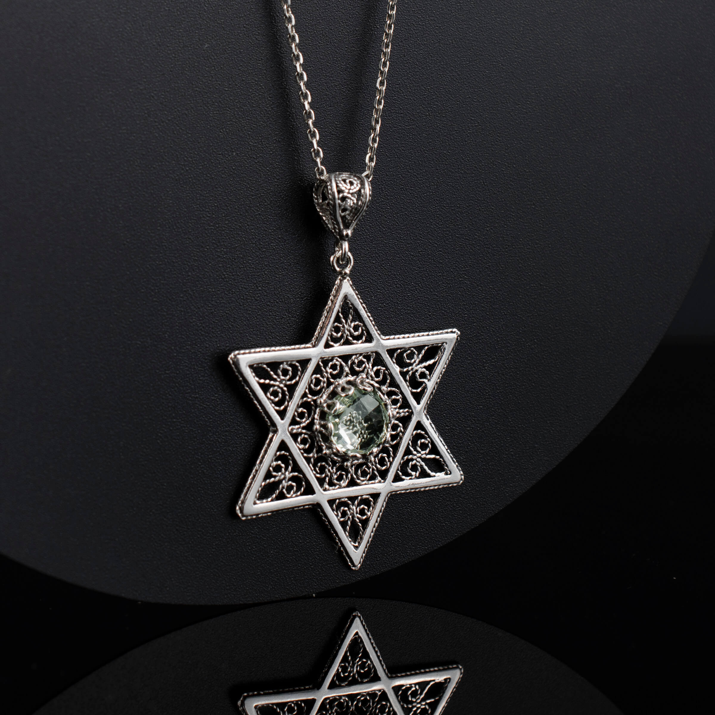 Filigree Art Prasiolite Gemstone Star of David Women Silver Pendant