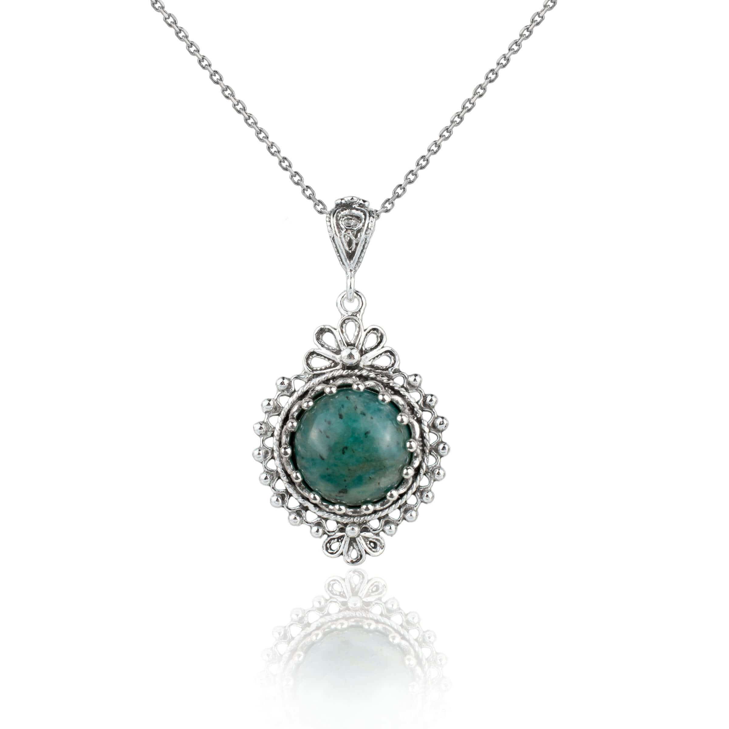 Filigree Art Amazonite Gemstone Women Silver Boho Pendant Necklace