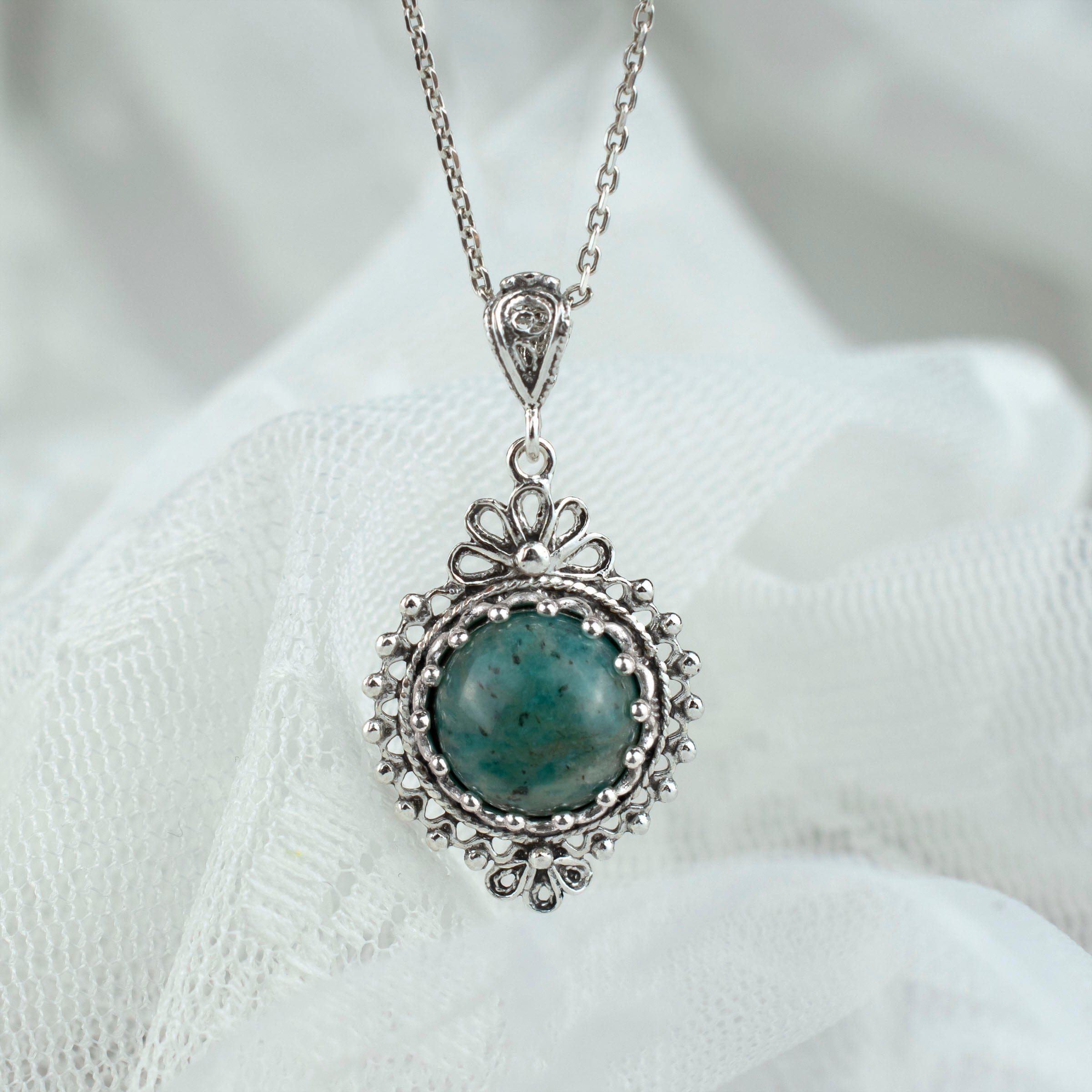 Filigree Art Amazonite Gemstone Women Silver Boho Pendant Necklace