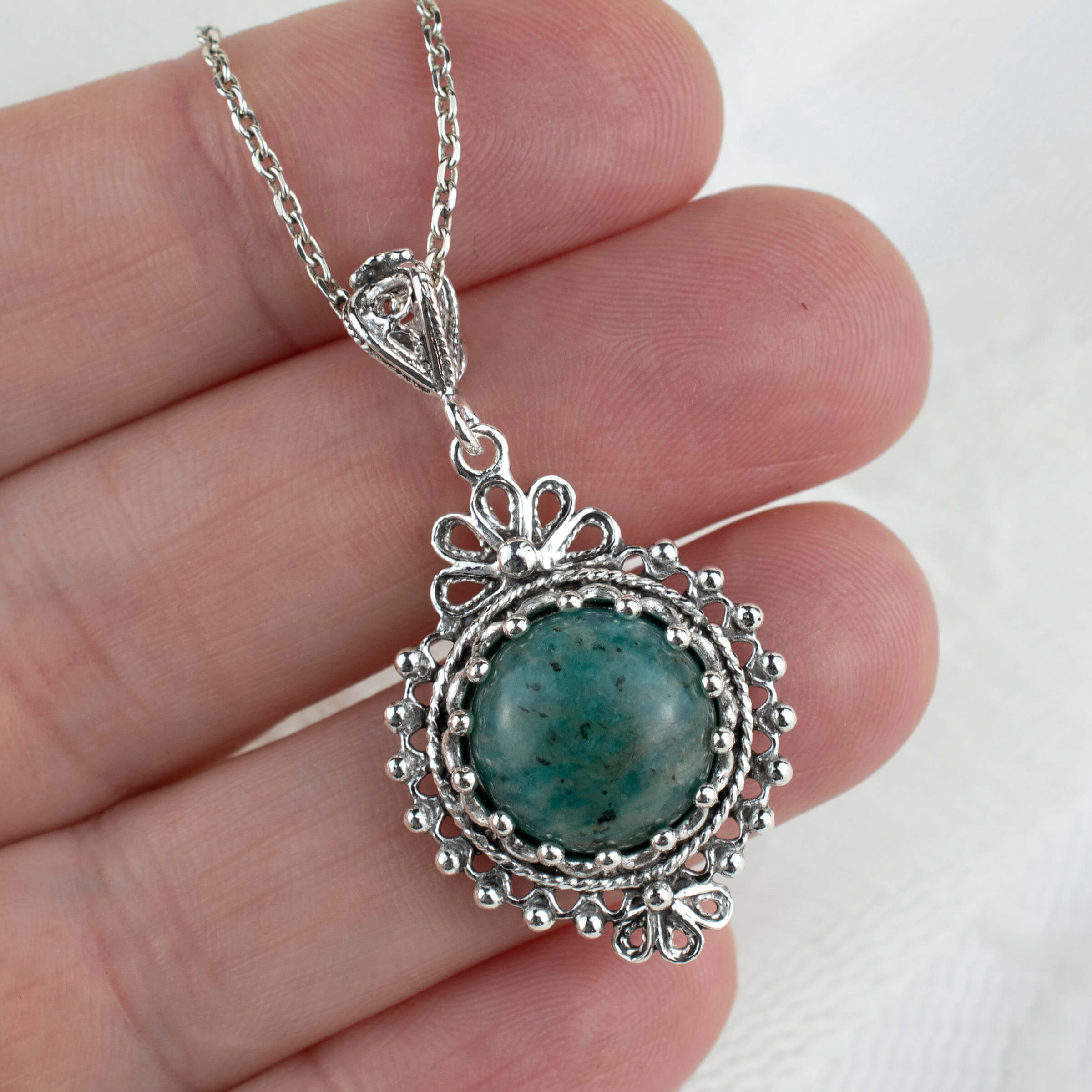 Filigree Art Amazonite Gemstone Women Silver Boho Pendant Necklace