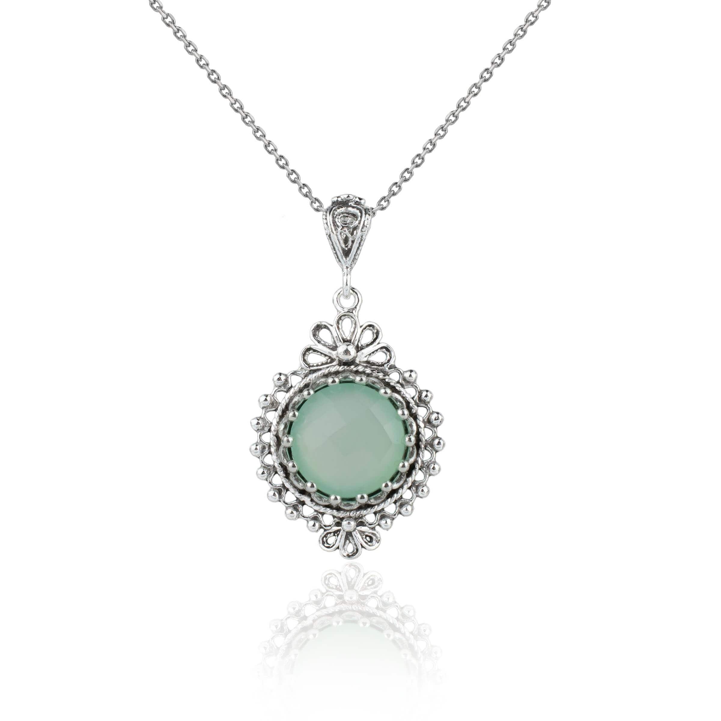 Filigree Art Aqua Chalcedony Gemstone Women Silver Boho Pendant