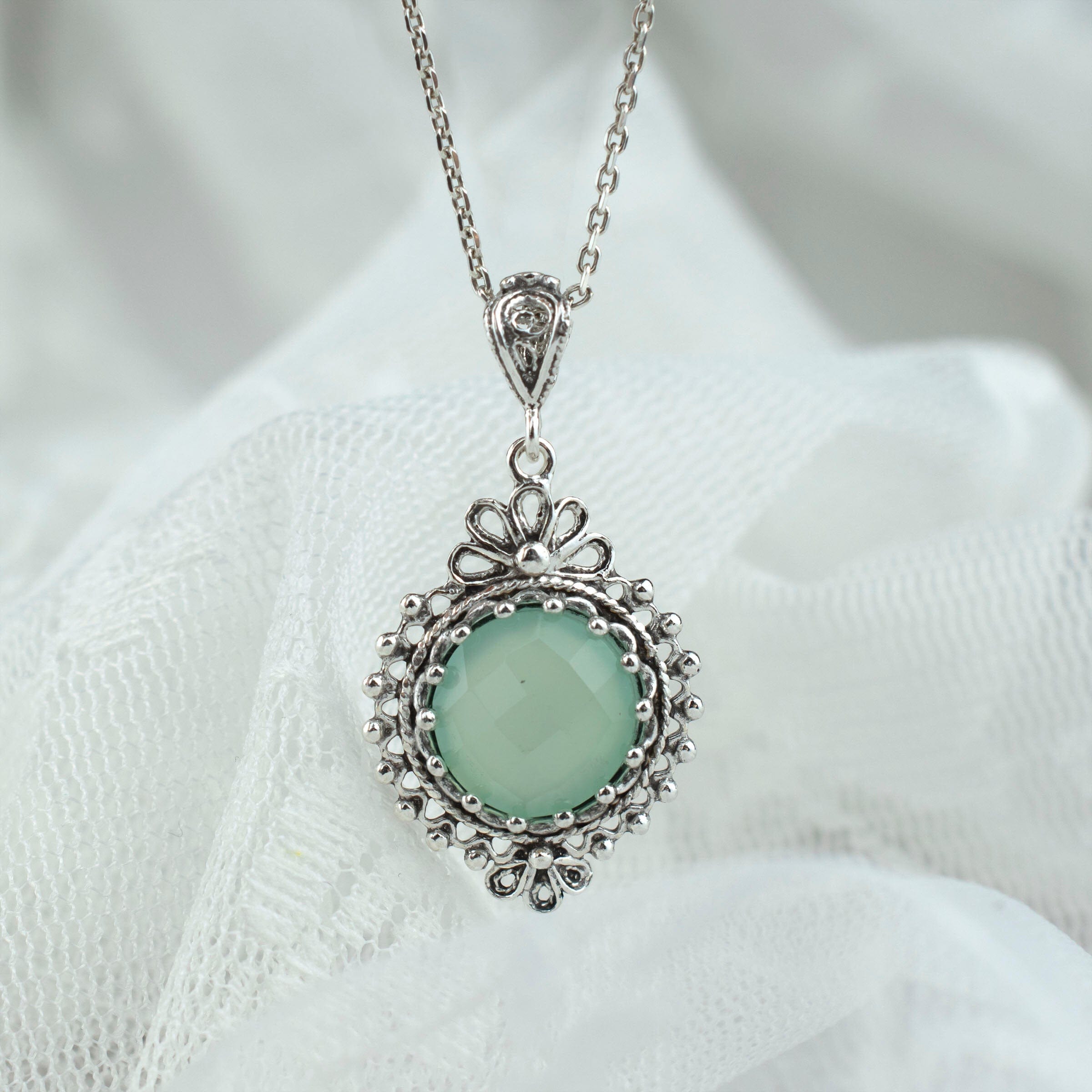 Filigree Art Aqua Chalcedony Gemstone Women Silver Boho Pendant