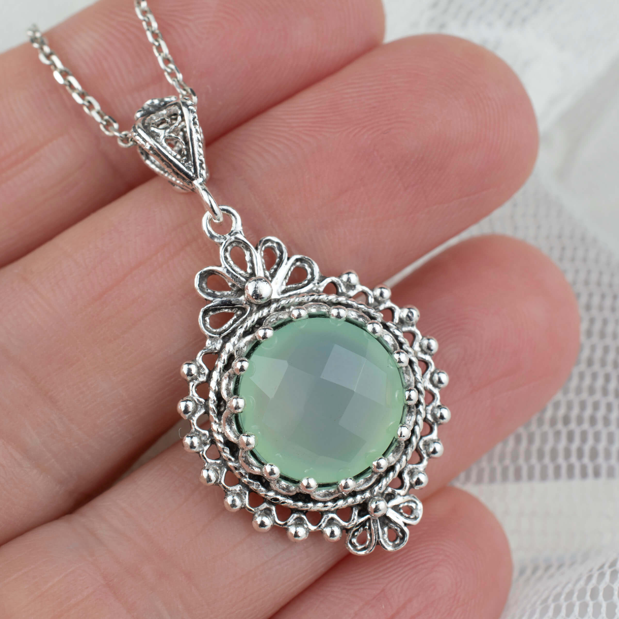 Filigree Art Aqua Chalcedony Gemstone Women Silver Boho Pendant