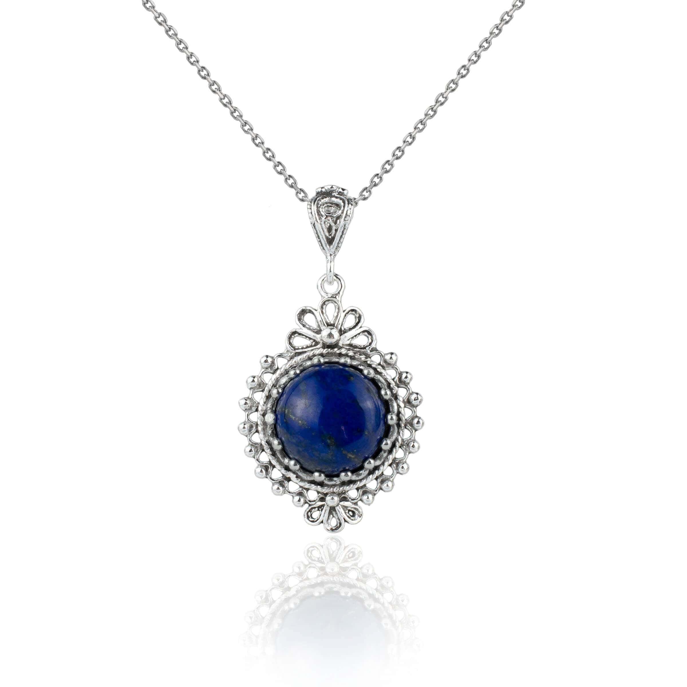 Filigree Art Lapis Lazuli Gemstone Women Silver Boho Pendant Necklace