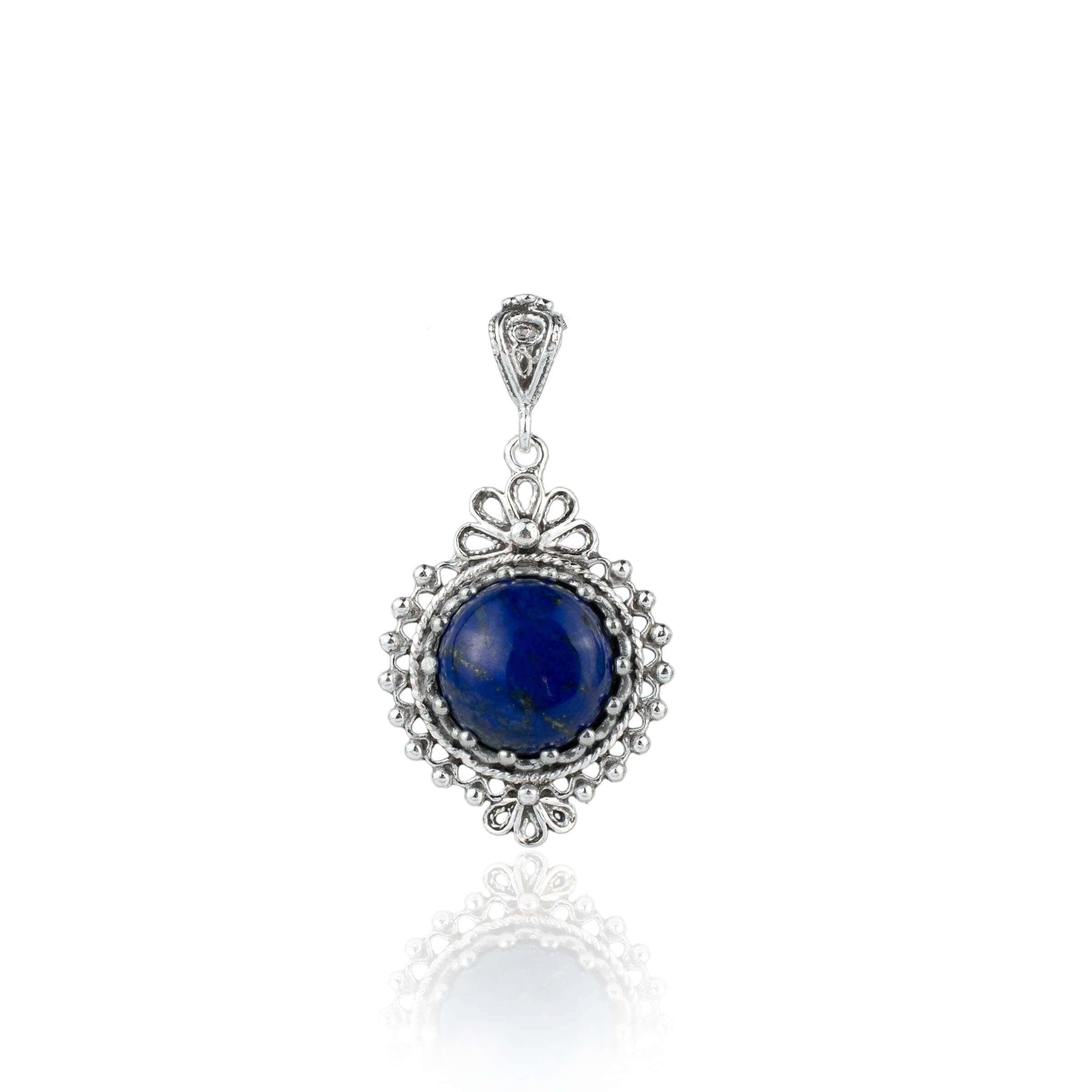 Filigree Art Lapis Lazuli Gemstone Women Silver Boho Pendant Necklace