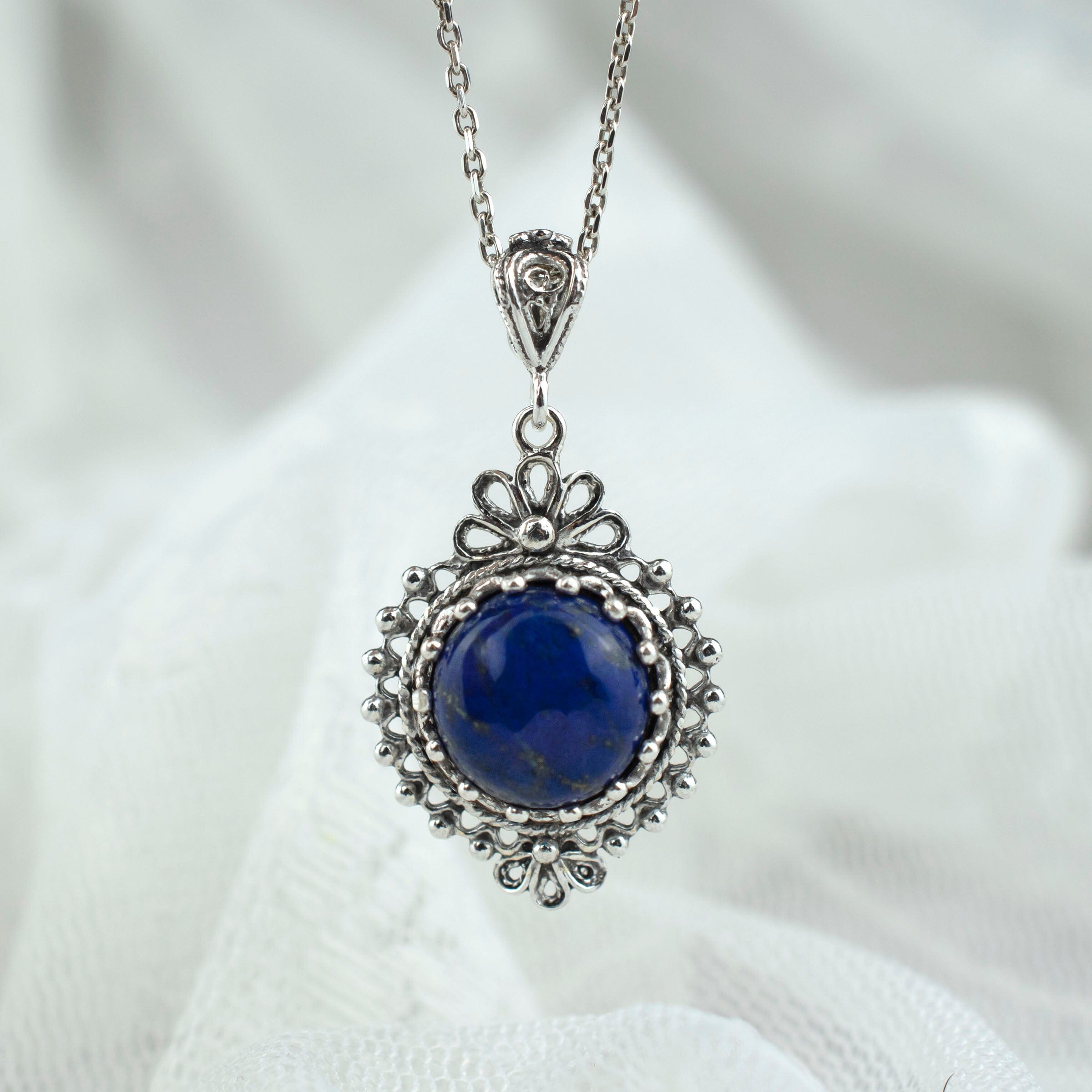 Filigree Art Lapis Lazuli Gemstone Women Silver Boho Pendant Necklace