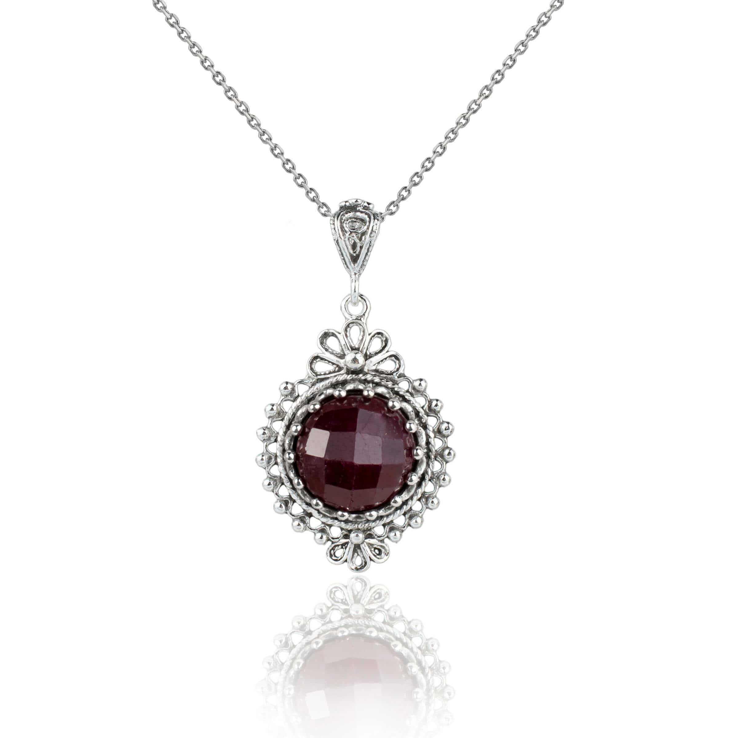 Filigree Art Ruby Corundum Gemstone Women Silver Boho Pendant Necklace