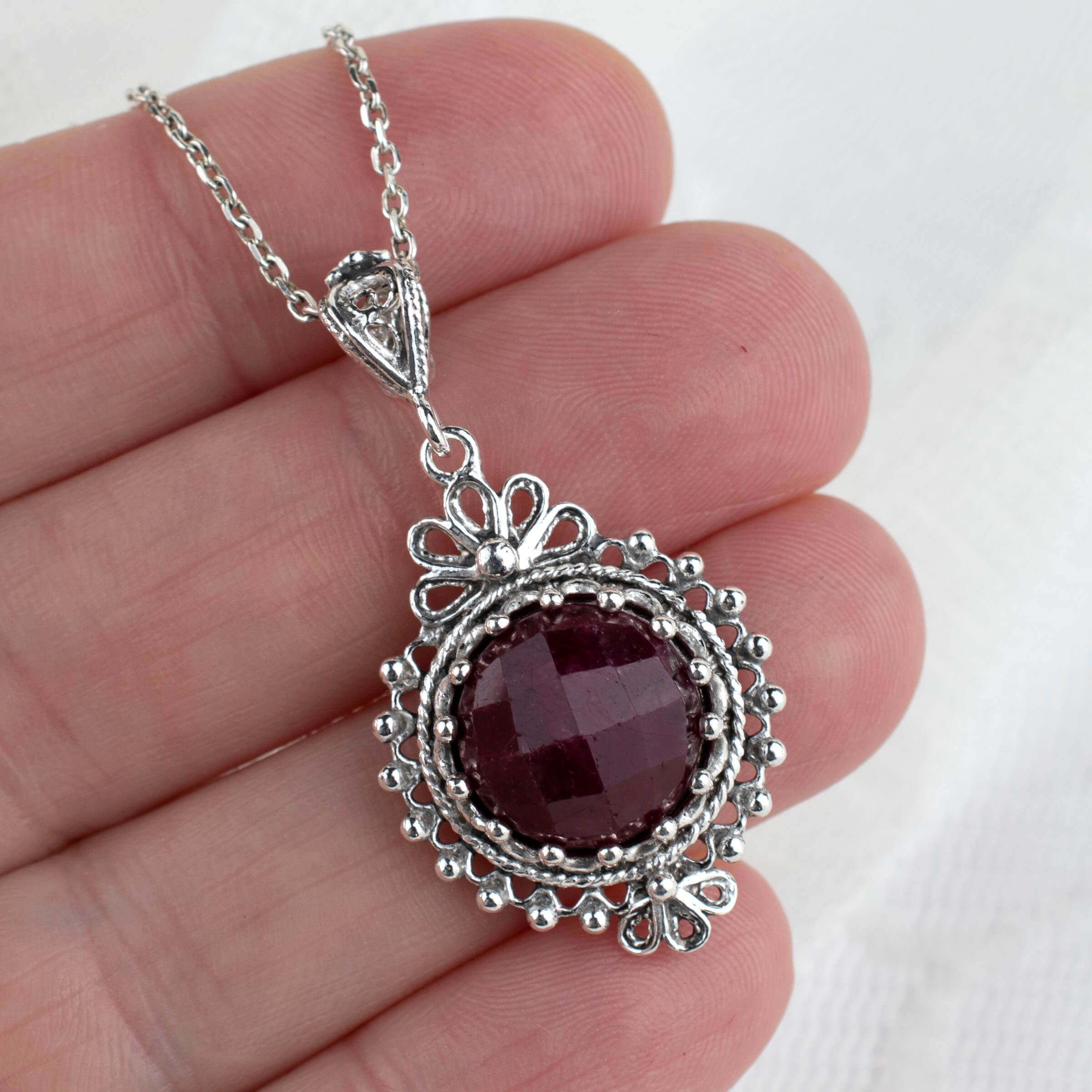 Filigree Art Ruby Corundum Gemstone Women Silver Boho Pendant Necklace