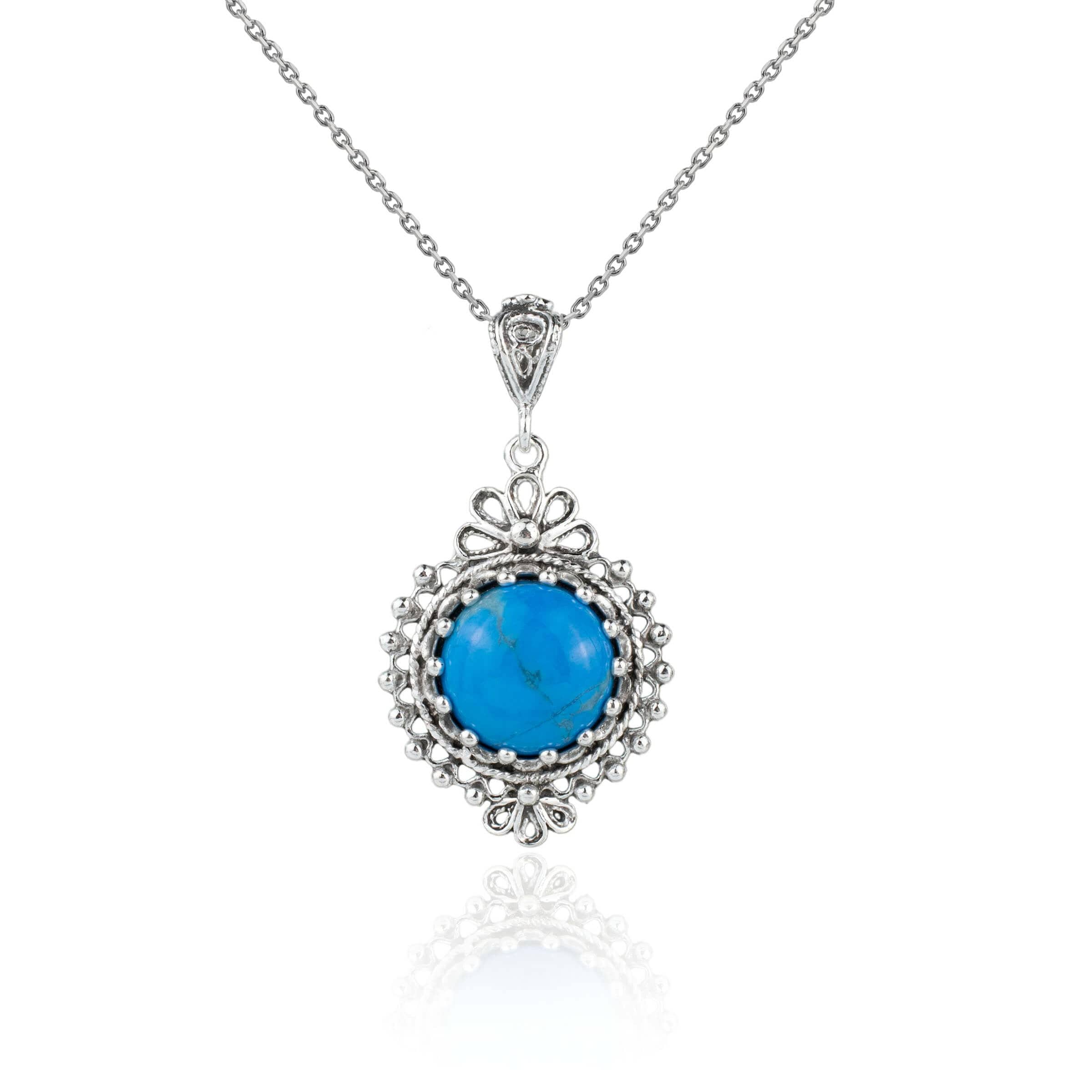 Filigree Art Turquoise Gemstone Women Silver Boho Pendant Necklace