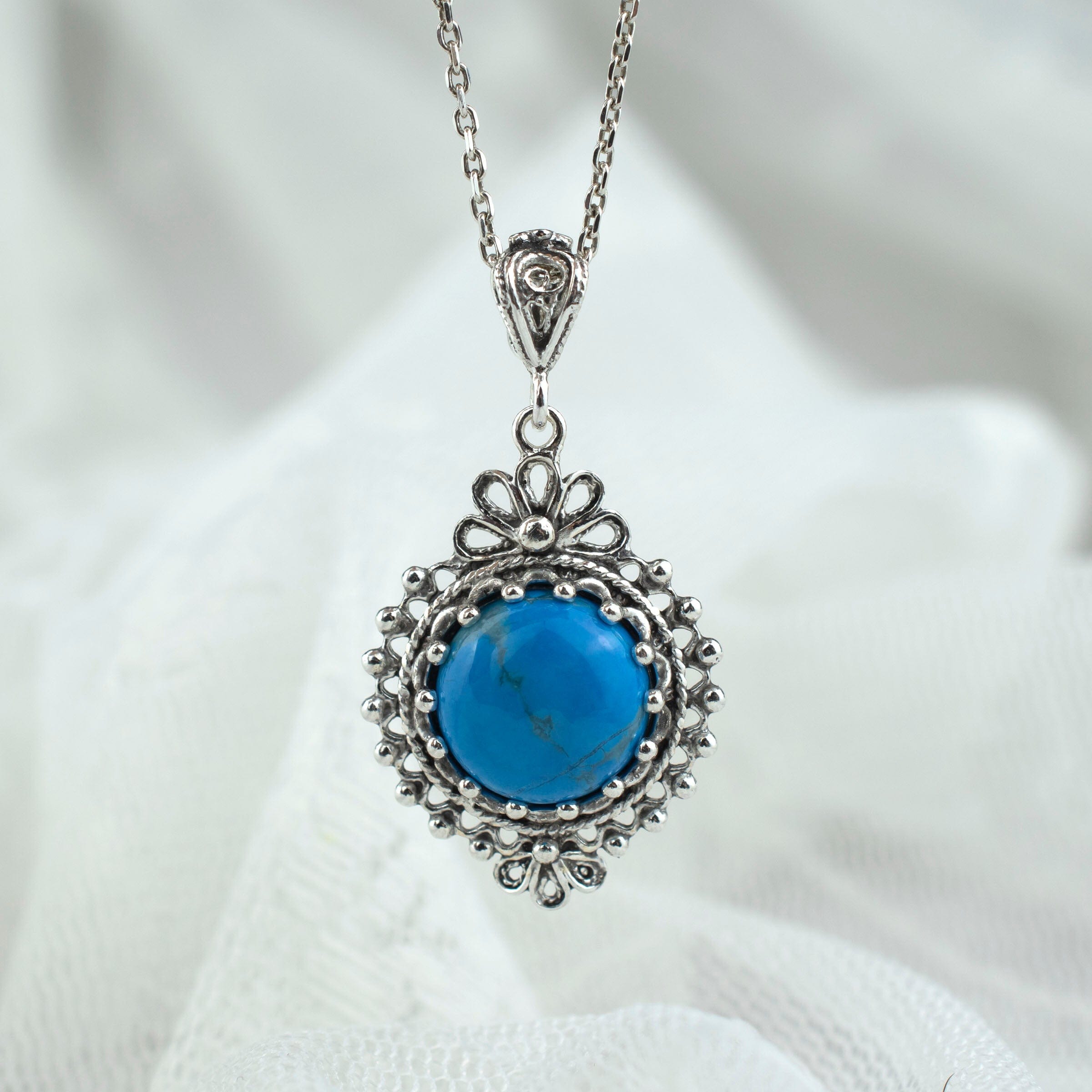 Filigree Art Turquoise Gemstone Women Silver Boho Pendant Necklace