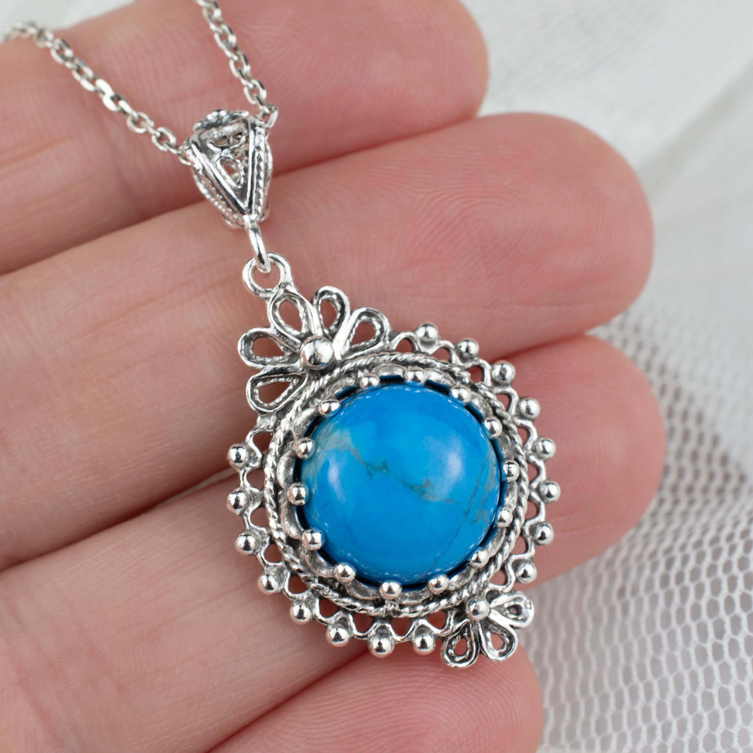 Filigree Art Turquoise Gemstone Women Silver Boho Pendant Necklace