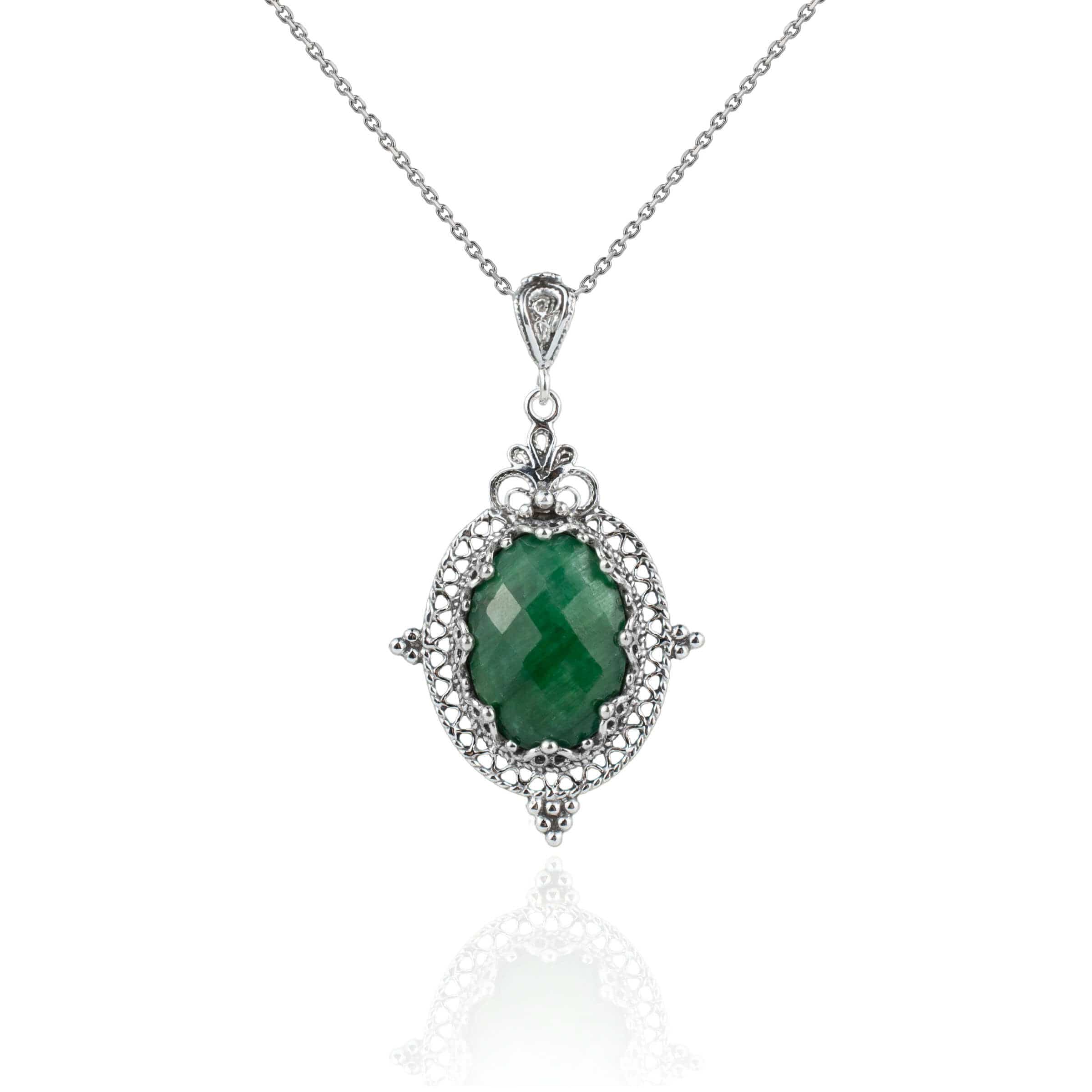 Filigree Art Emerald Gemstone Women Silver Oval Pendant Necklace