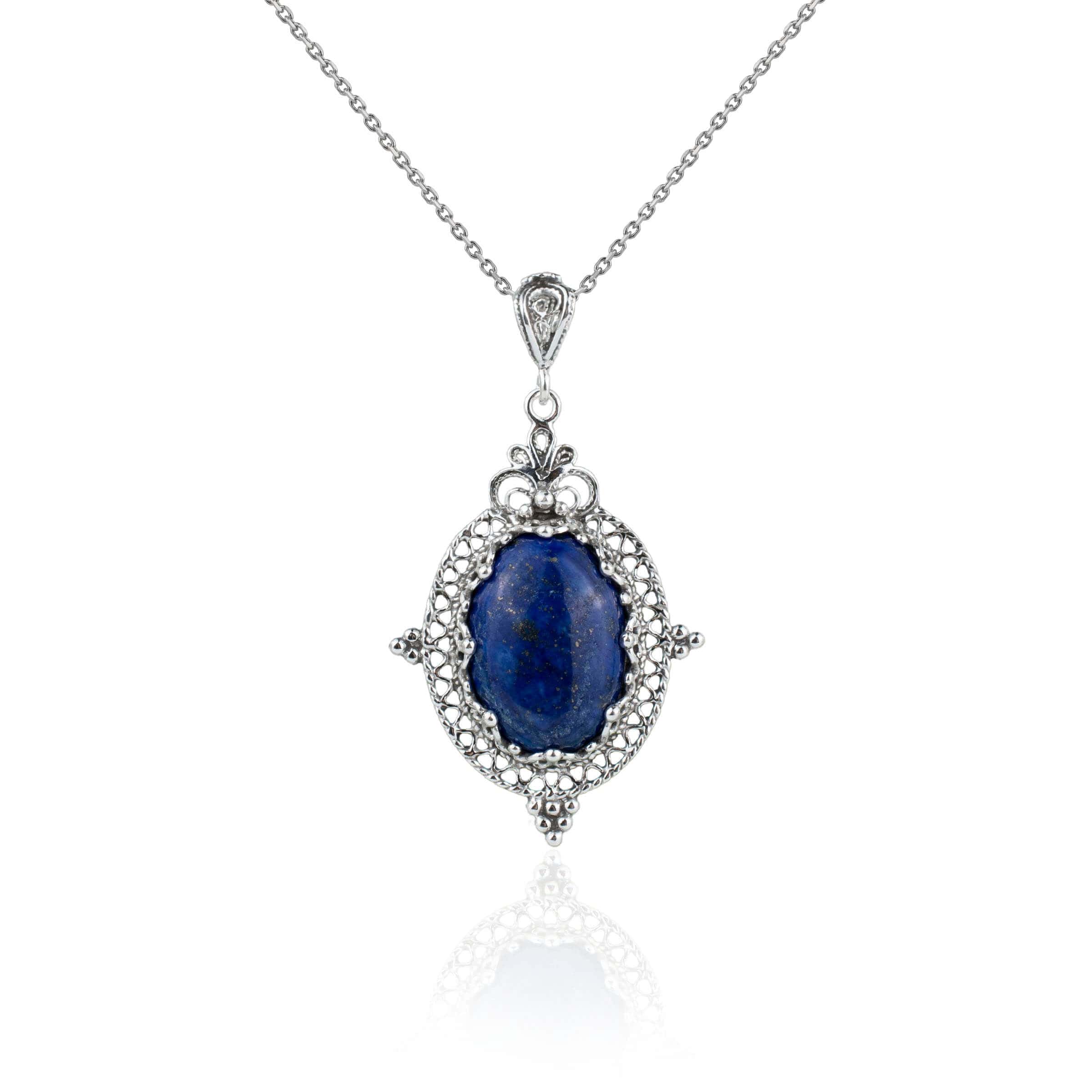 Filigree Art Lapis Lazuli Gemstone Women Silver Oval Pendant Necklace