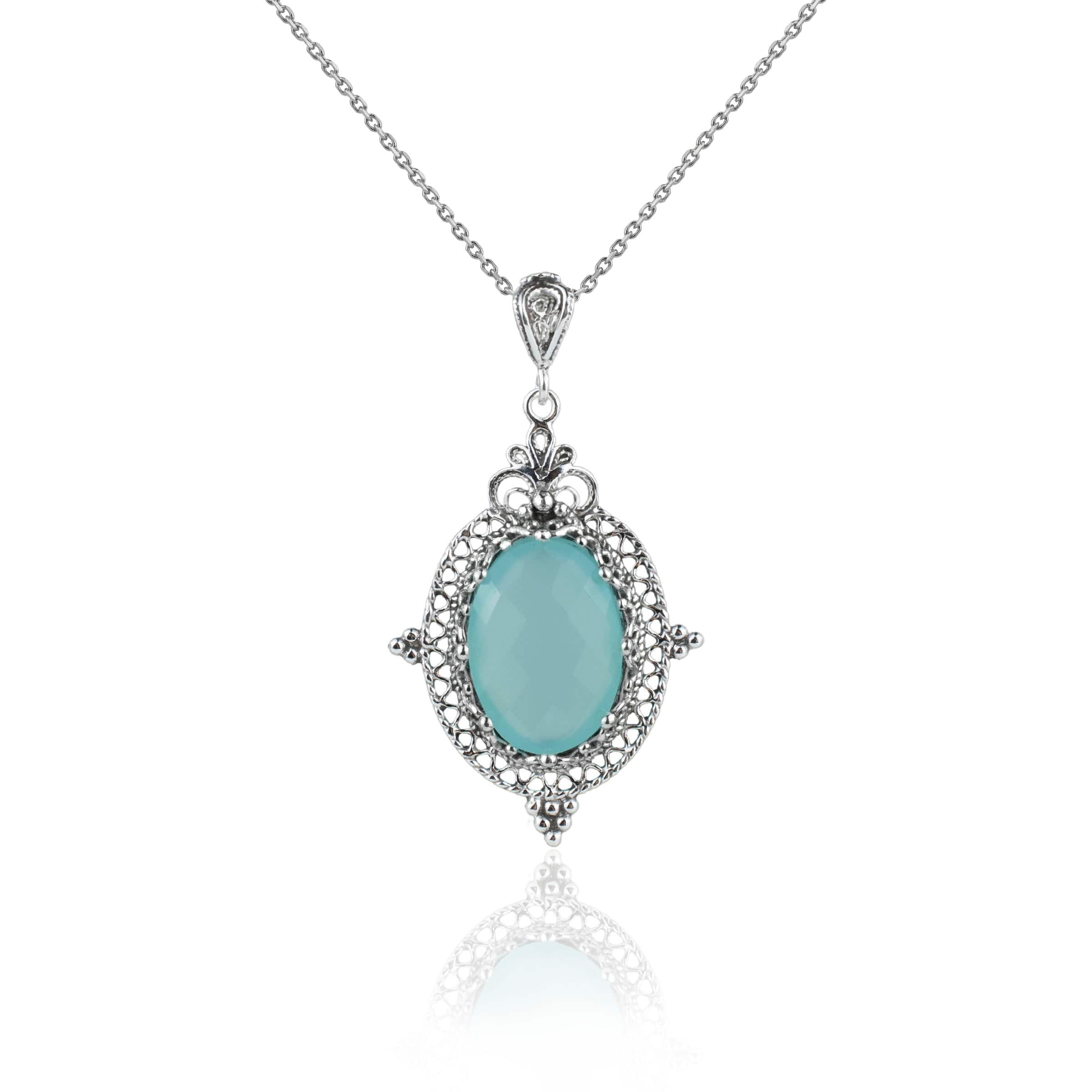 Filigree Art Aqua Chalcedony Gemstone Women Silver Oval Pendant