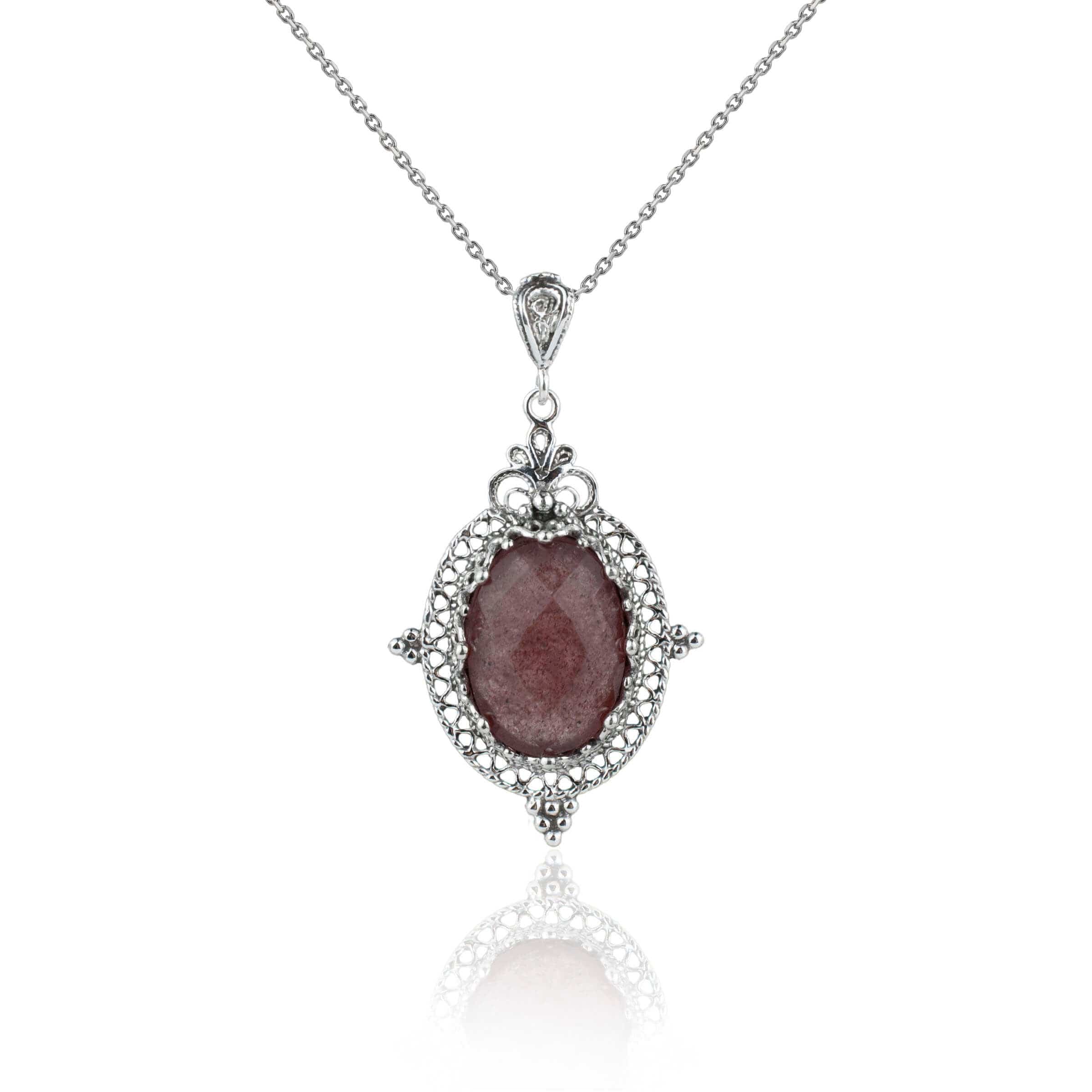 Filigree Art Cherry Quartz Gemstone Women Silver Oval Pendant Necklace