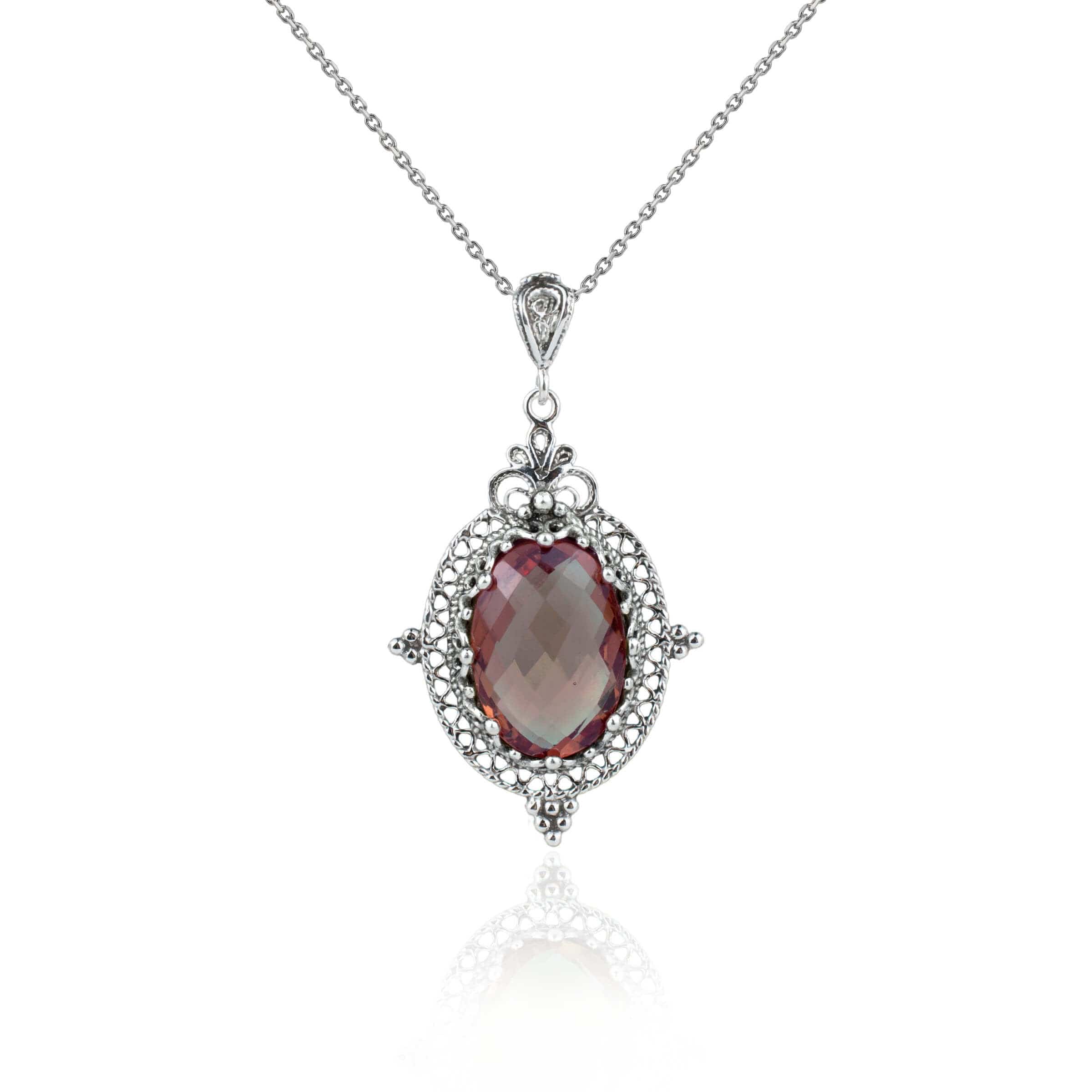 Filigree Art Alexandrite Gemstone Women Silver Oval Pendant Necklace