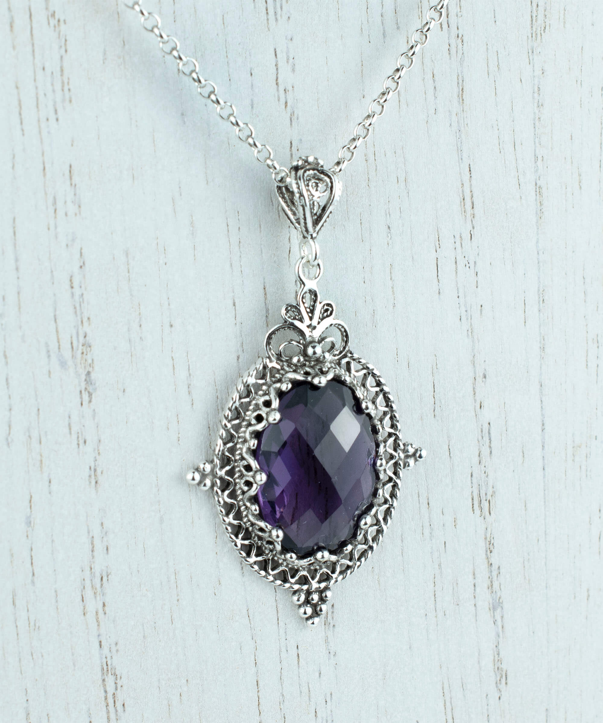 Filigree Art Amethyst Gemstone Women Silver Oval Pendant Necklace