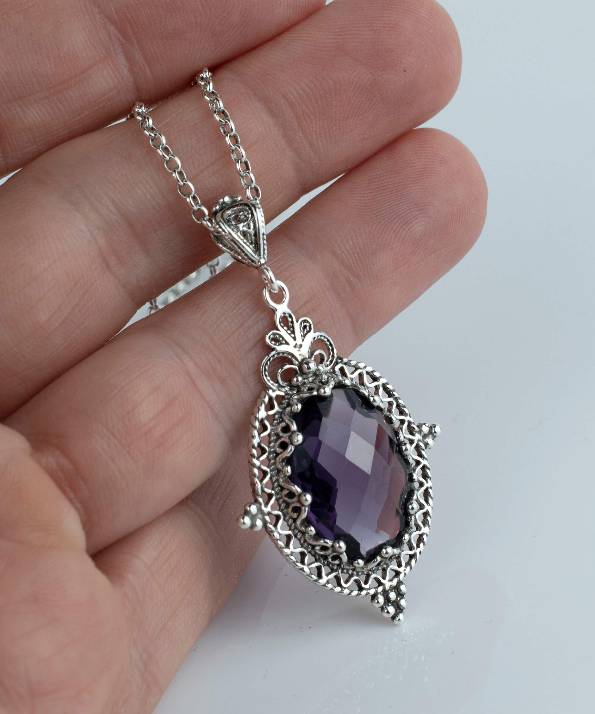 Filigree Art Amethyst Gemstone Women Silver Oval Pendant Necklace