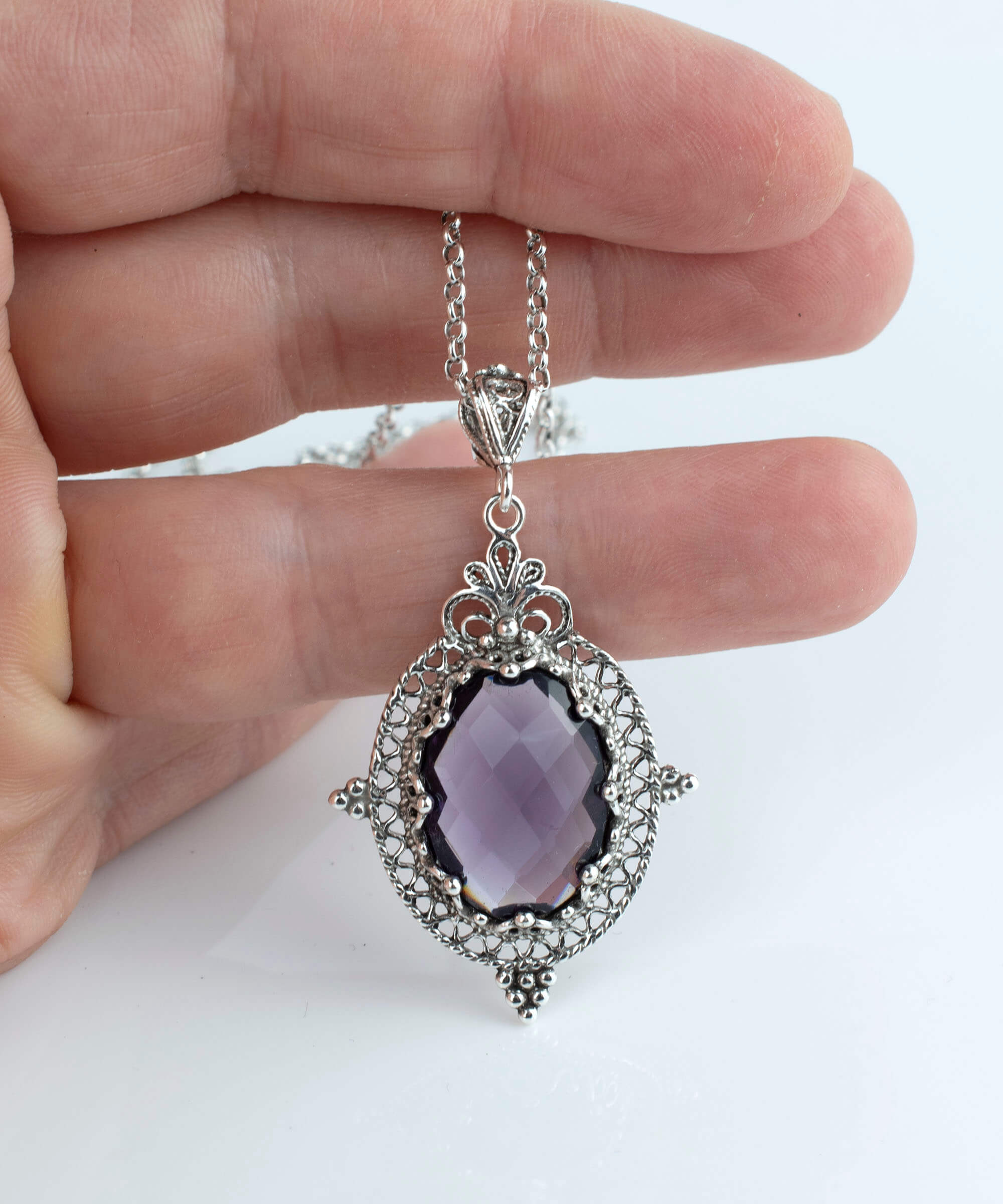 Filigree Art Amethyst Gemstone Women Silver Oval Pendant Necklace