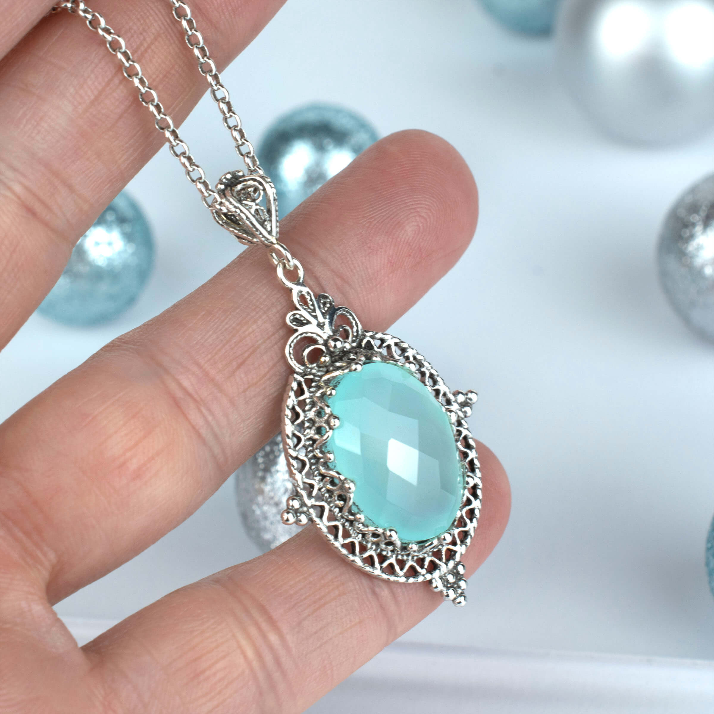 Filigree Art Aqua Chalcedony Gemstone Women Silver Oval Pendant