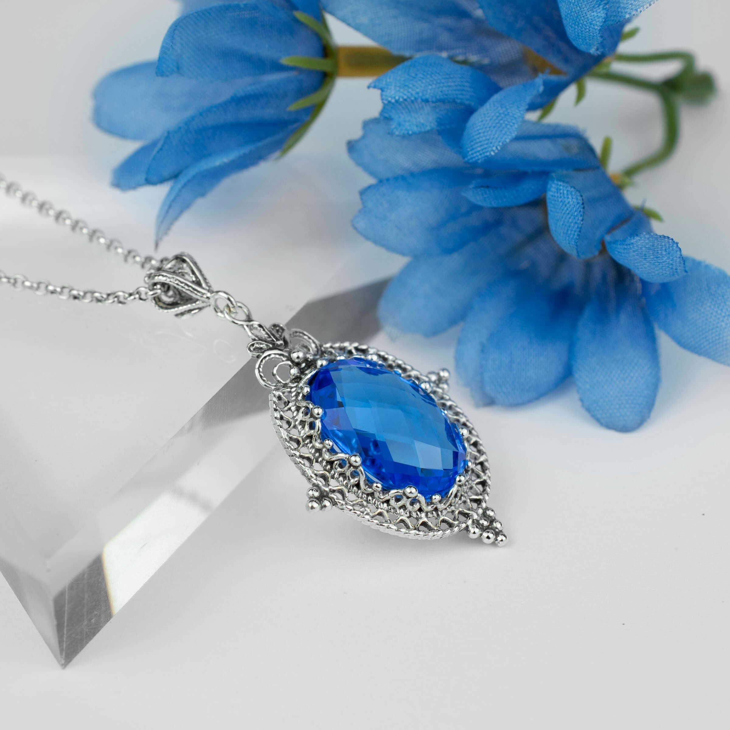 Filigree Art Blue Quartz Gemstone Women Silver Oval Pendant Necklace