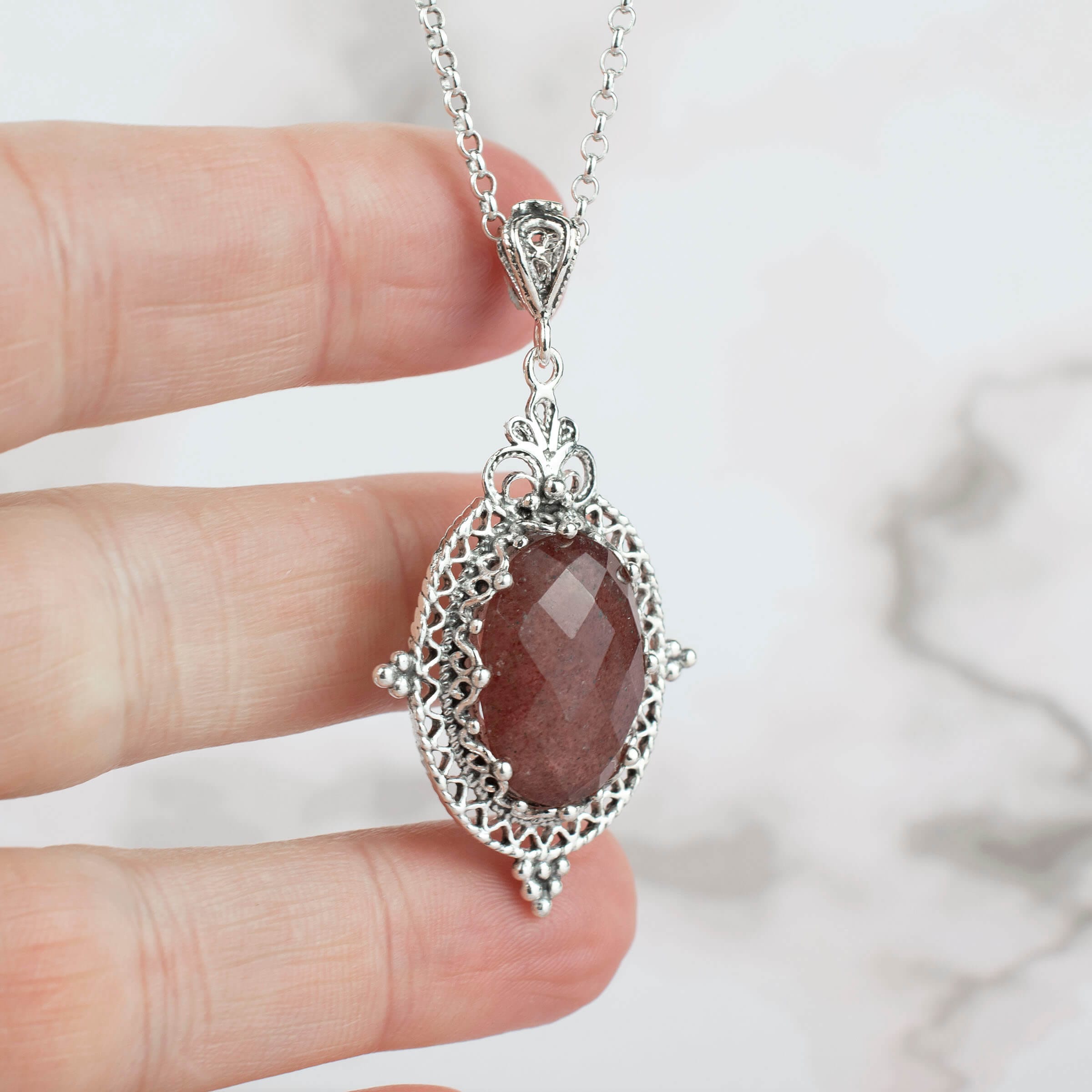 Filigree Art Cherry Quartz Gemstone Women Silver Oval Pendant Necklace