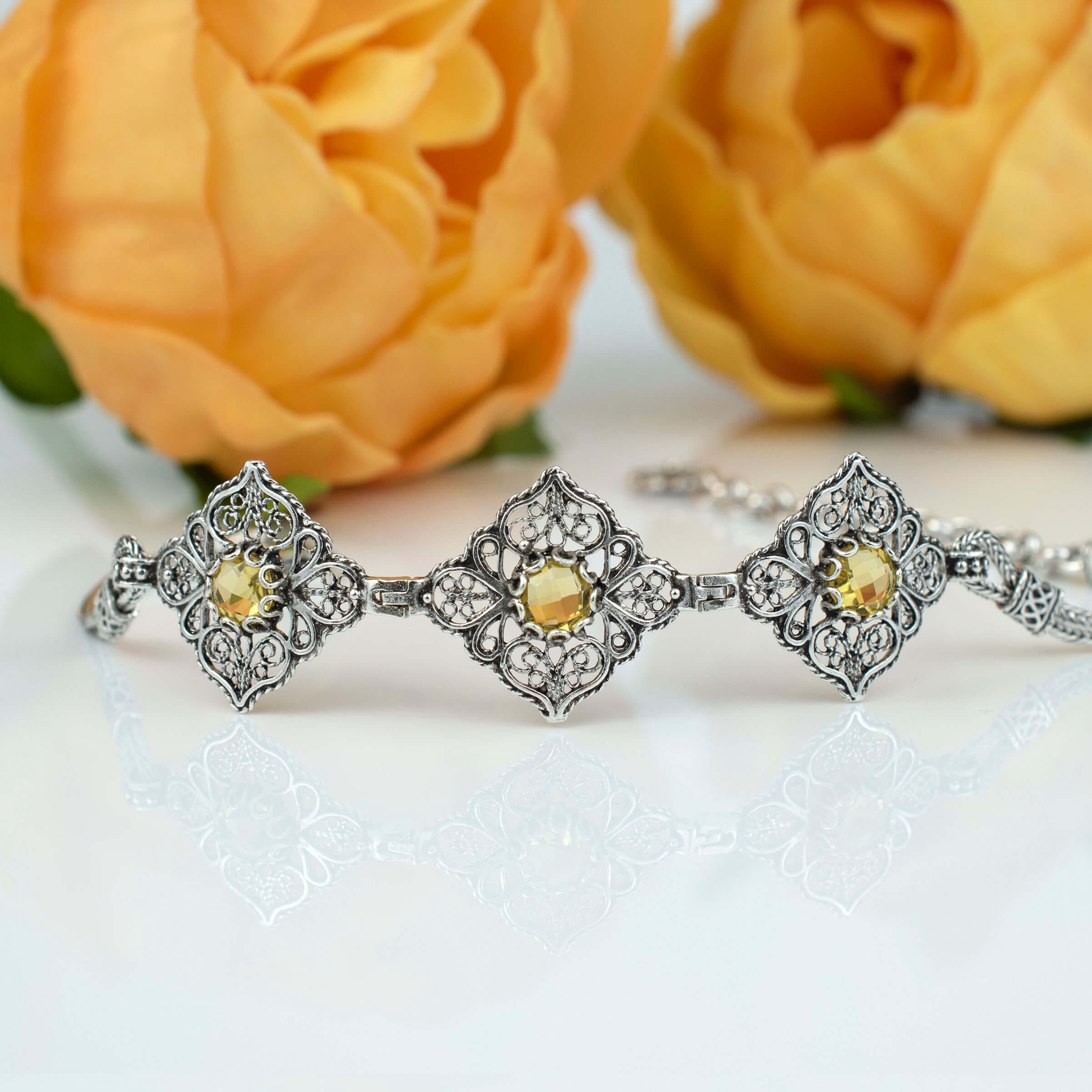 Filigree Art Citrine Gemstone Women Adjustable Silver Link Bracelet