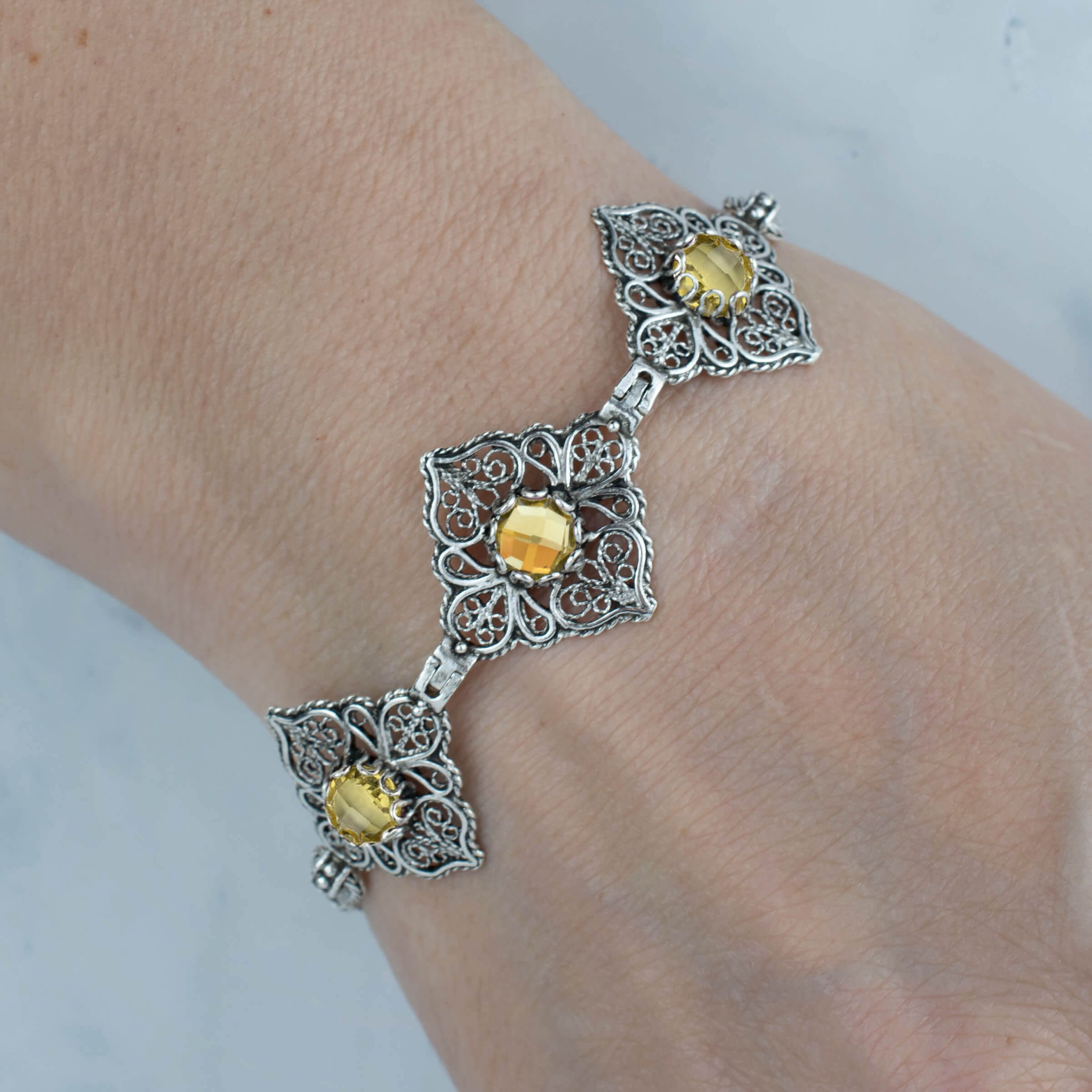 Filigree Art Citrine Gemstone Women Adjustable Silver Link Bracelet