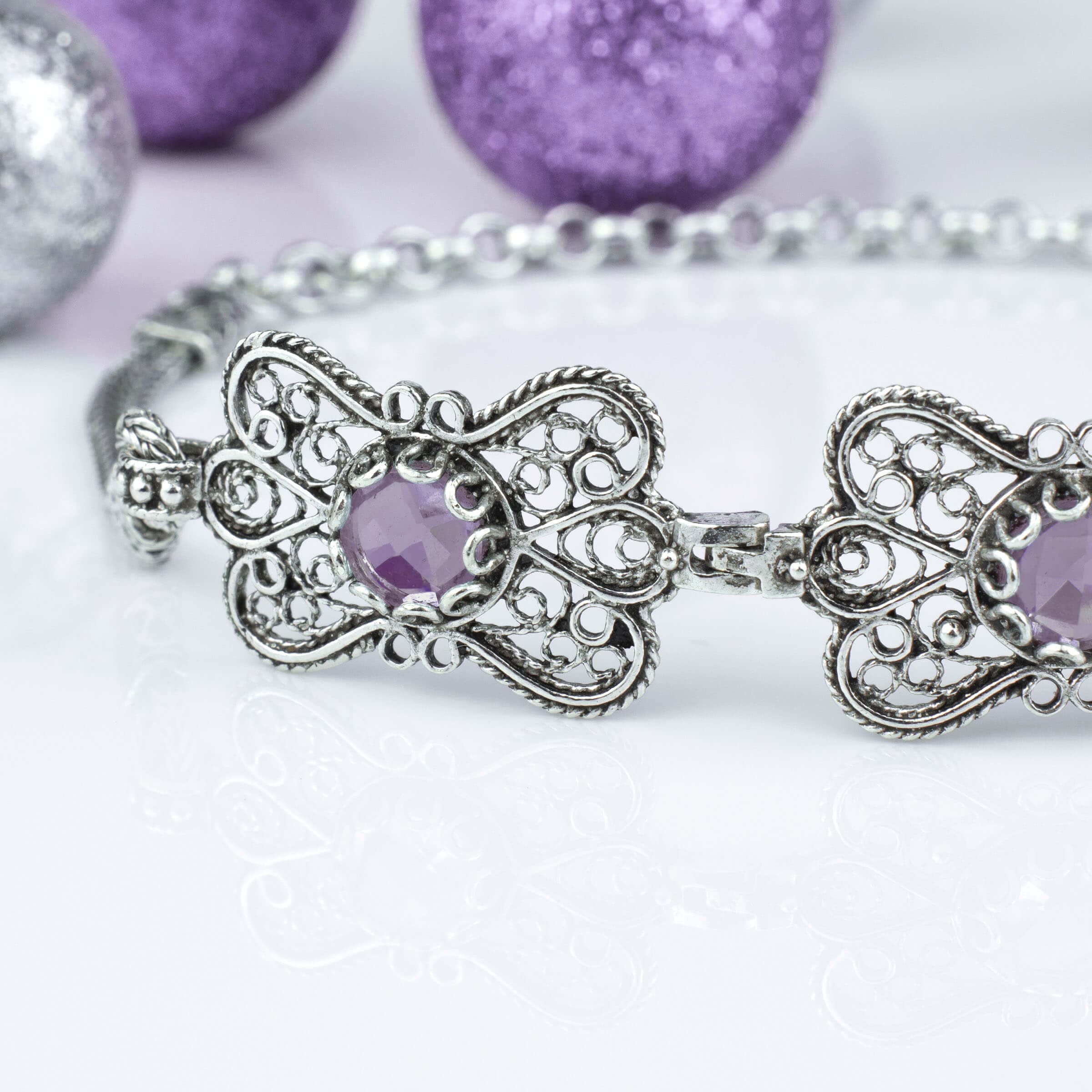 Filigree Art Amethyst Gemstone Women Butterfly Silver Link Bracelet