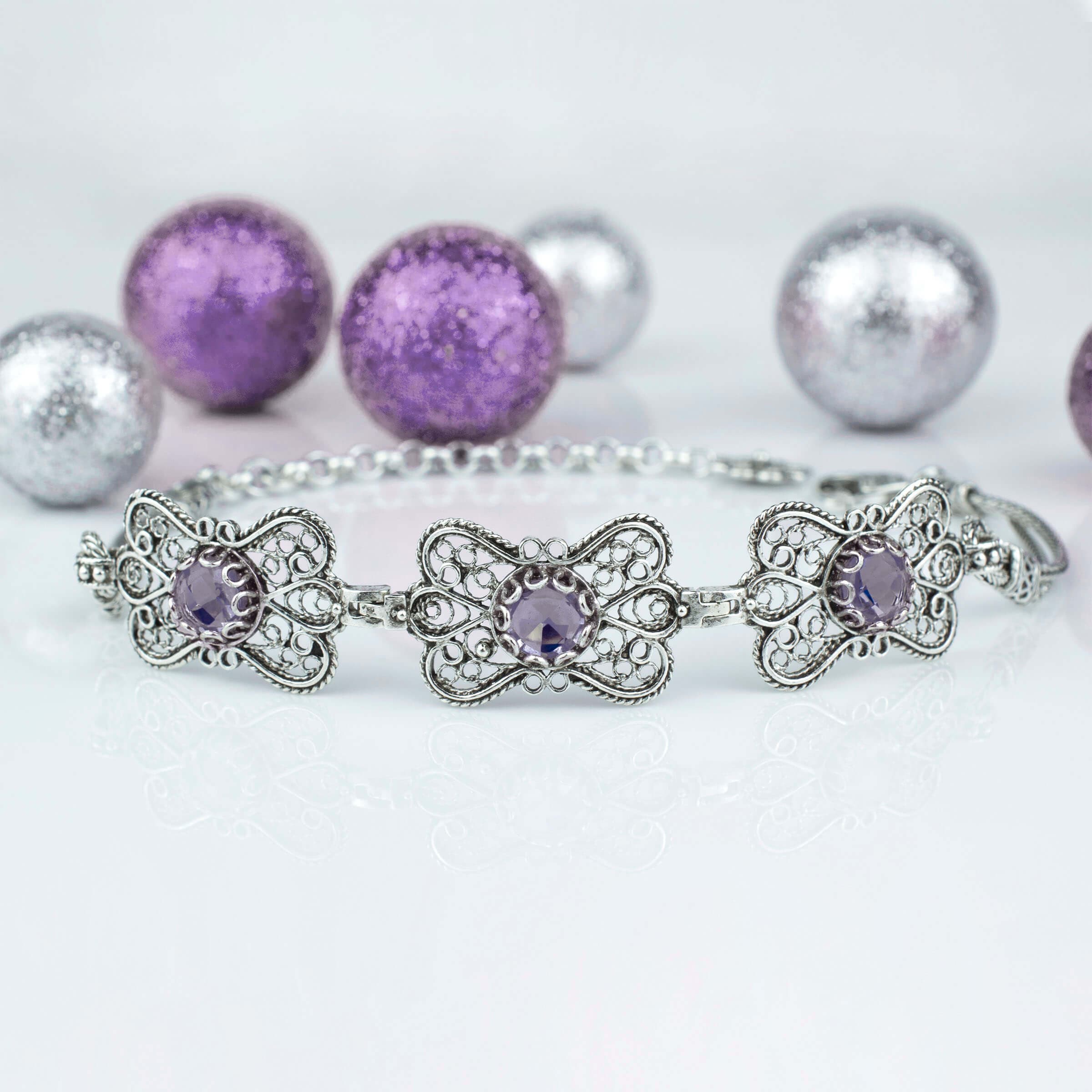 Filigree Art Amethyst Gemstone Women Butterfly Silver Link Bracelet