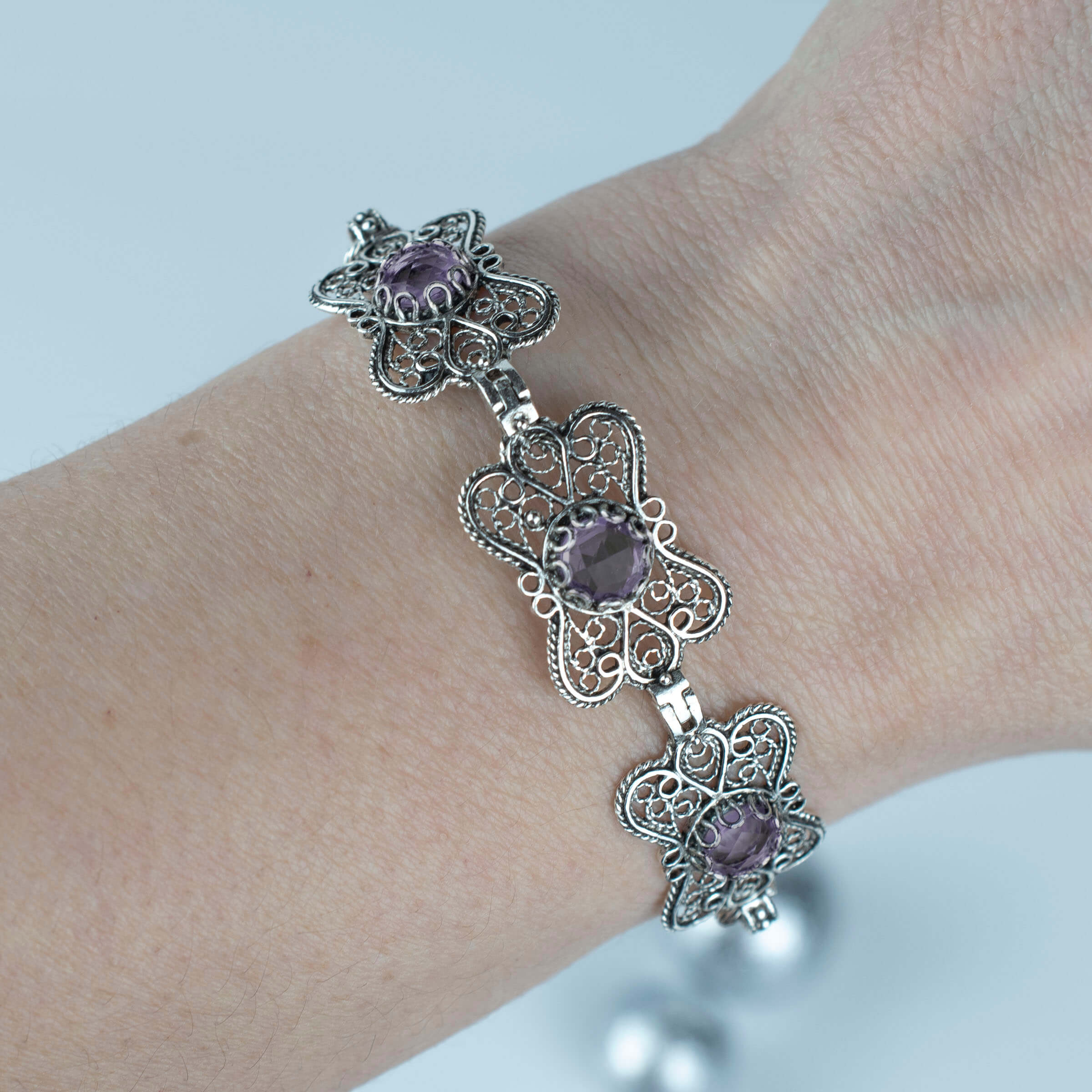 Filigree Art Amethyst Gemstone Women Butterfly Silver Link Bracelet