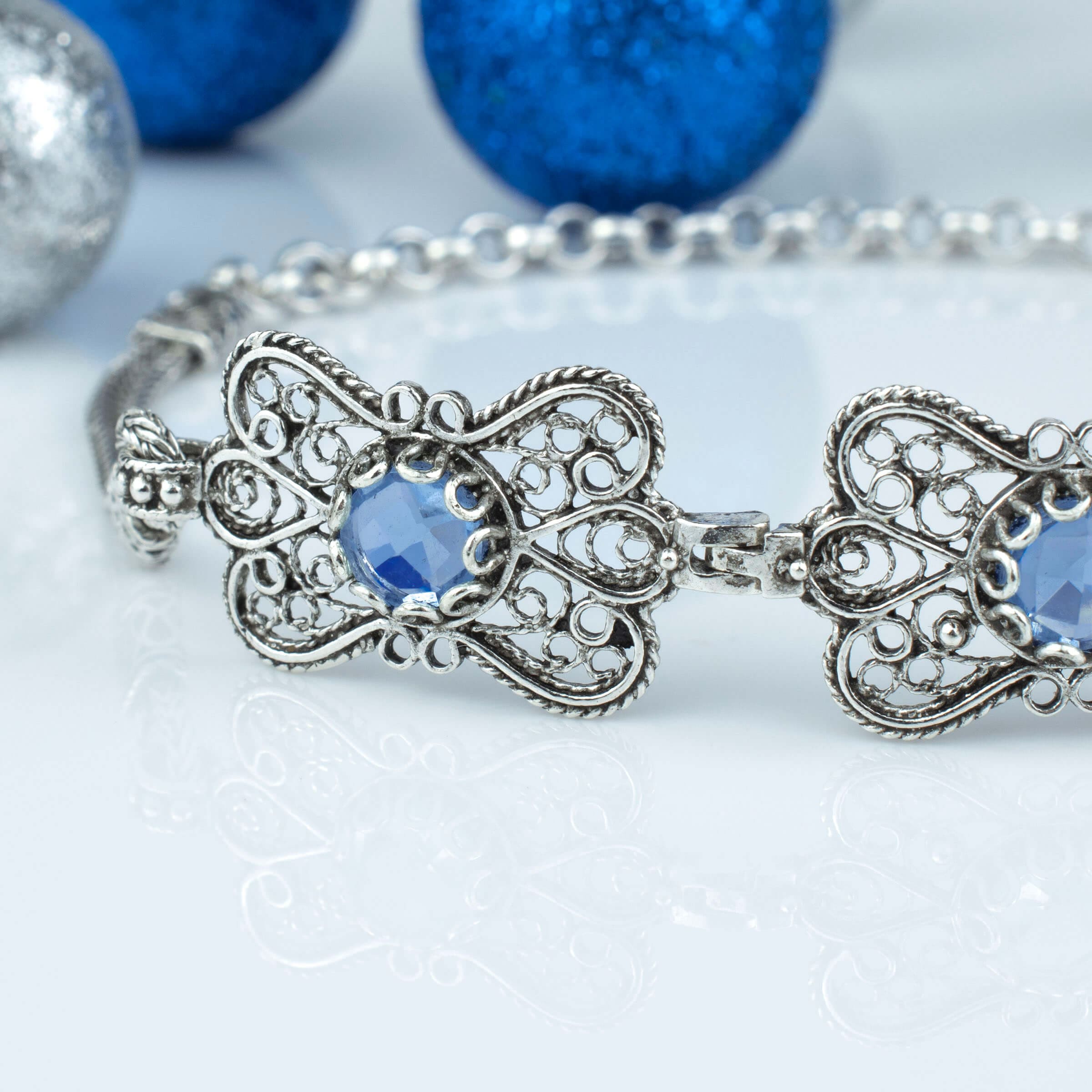 Filigree Art Blue Quartz Gemstone Women Butterfly Silver Link Bracelet