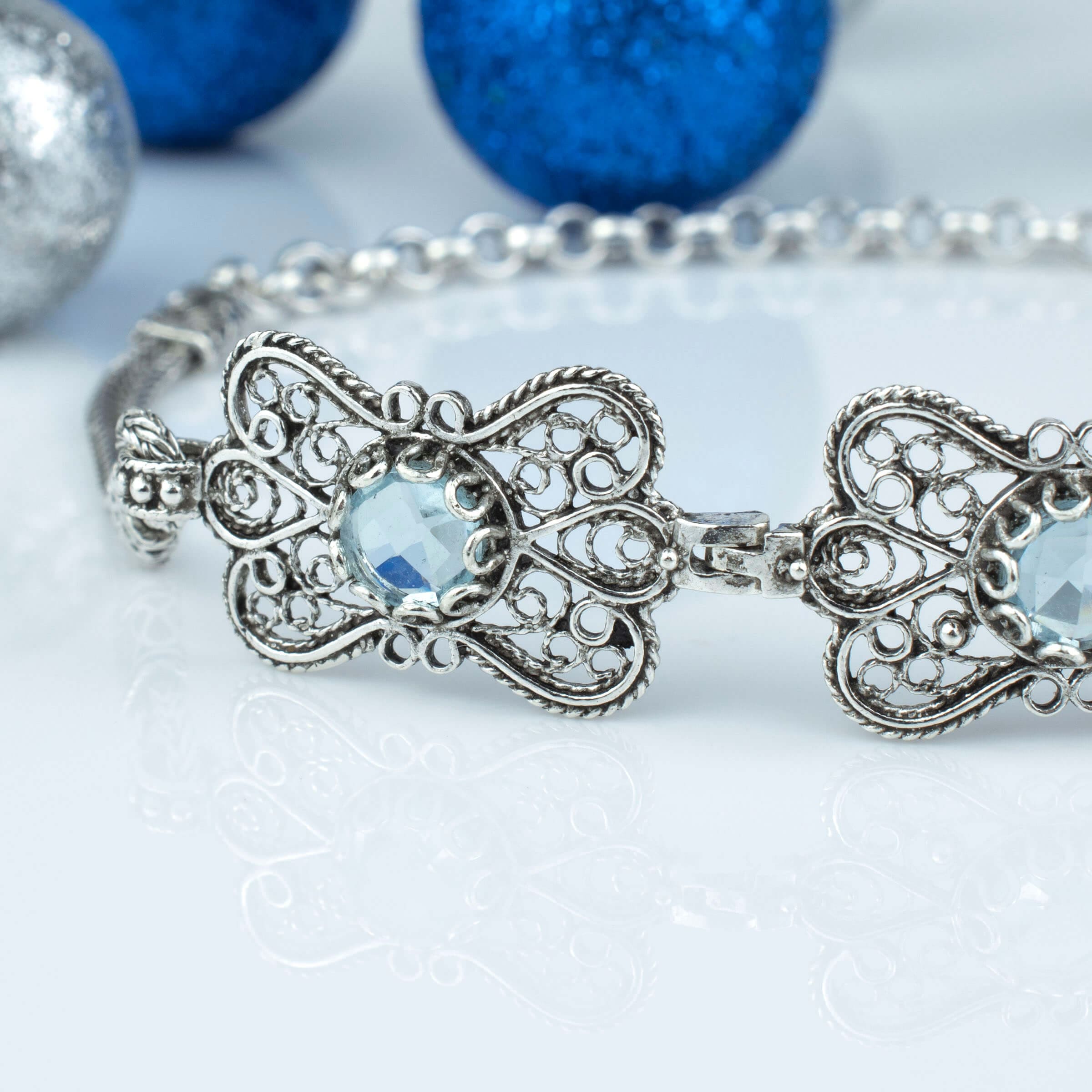 Filigree Art Blue Topaz Gemstone Women Butterfly Silver Link Bracelet