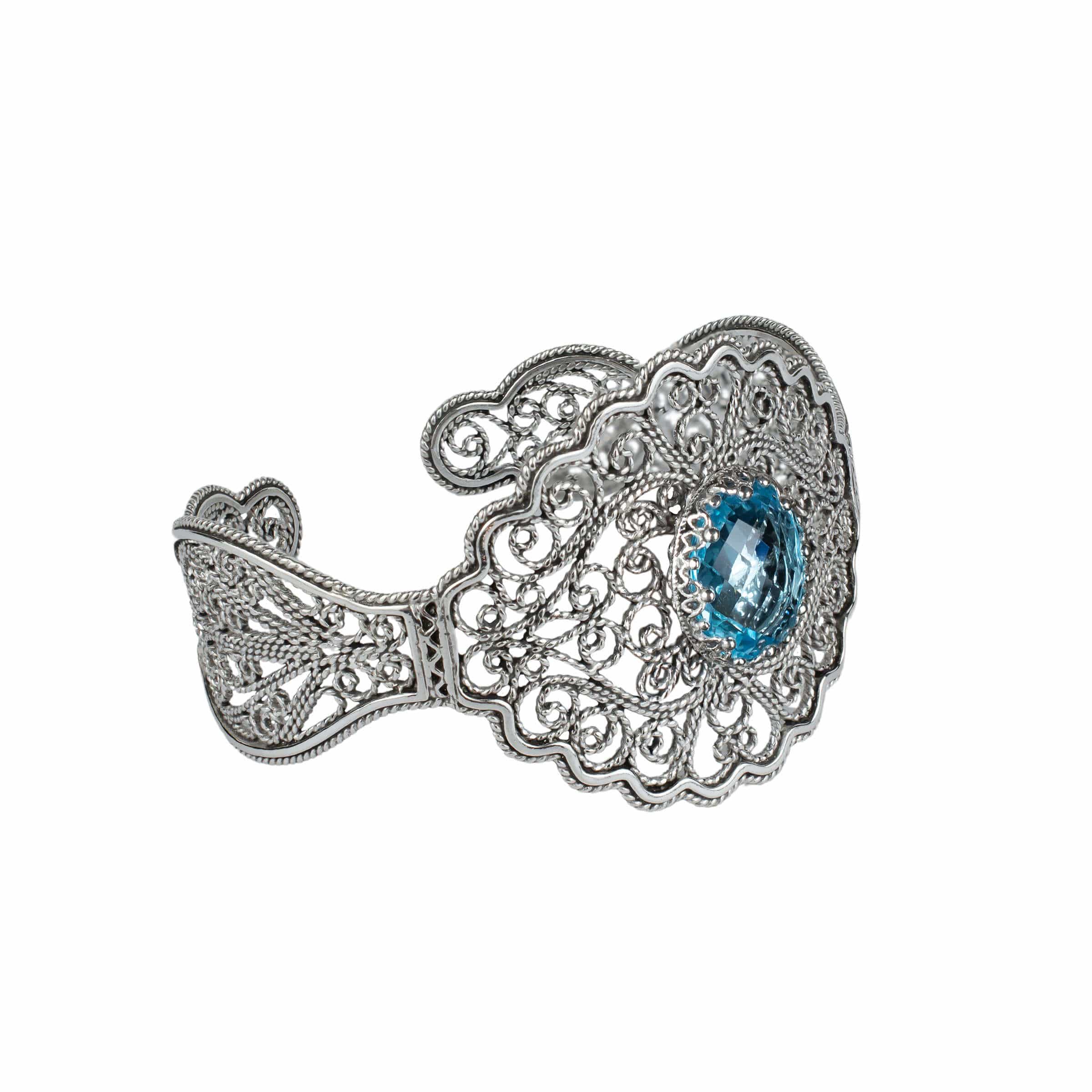 Filigree Art Blue Topaz Gemstone Lace Detailed Women Silver Cuff