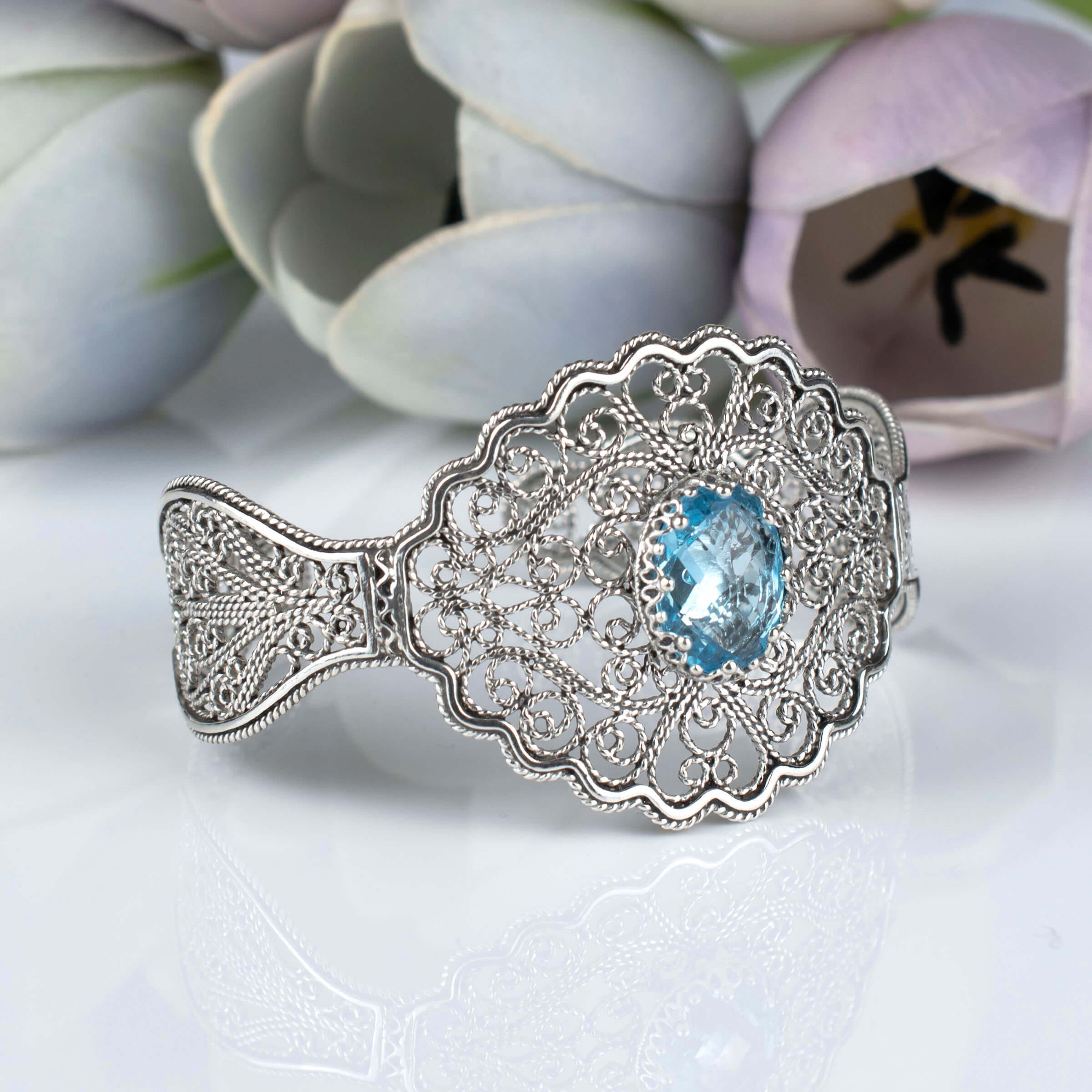 Filigree Art Blue Topaz Gemstone Lace Detailed Women Silver Cuff