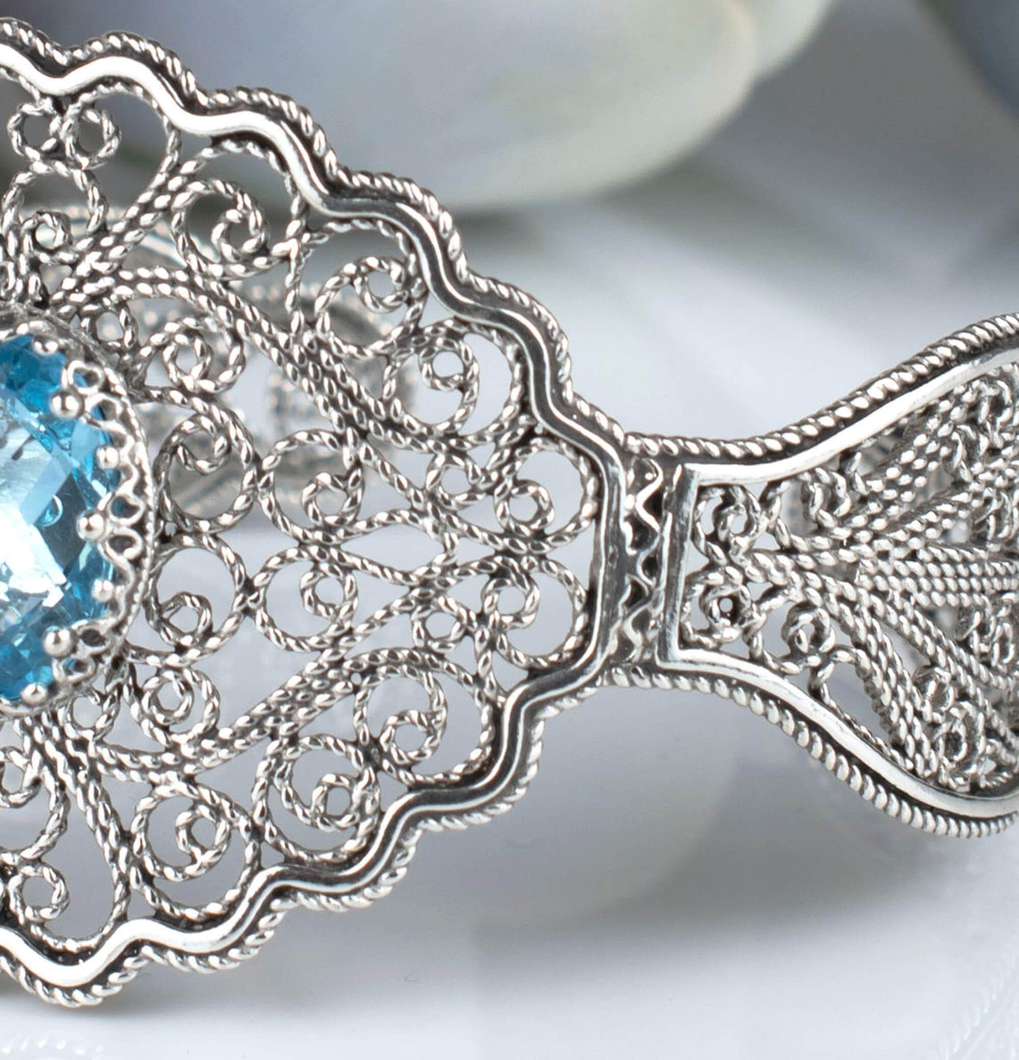 Filigree Art Blue Topaz Gemstone Lace Detailed Women Silver Cuff