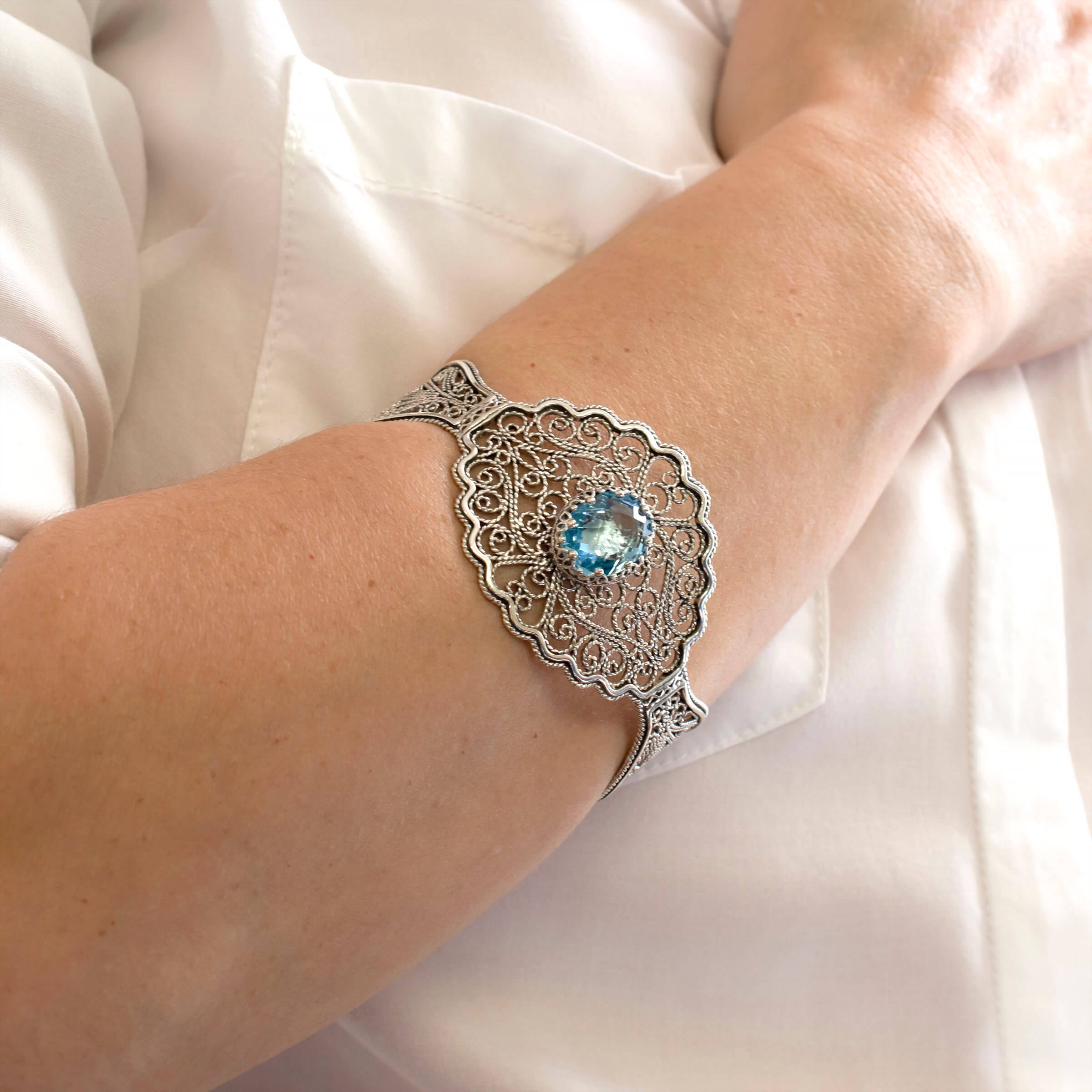 Filigree Art Blue Topaz Gemstone Lace Detailed Women Silver Cuff