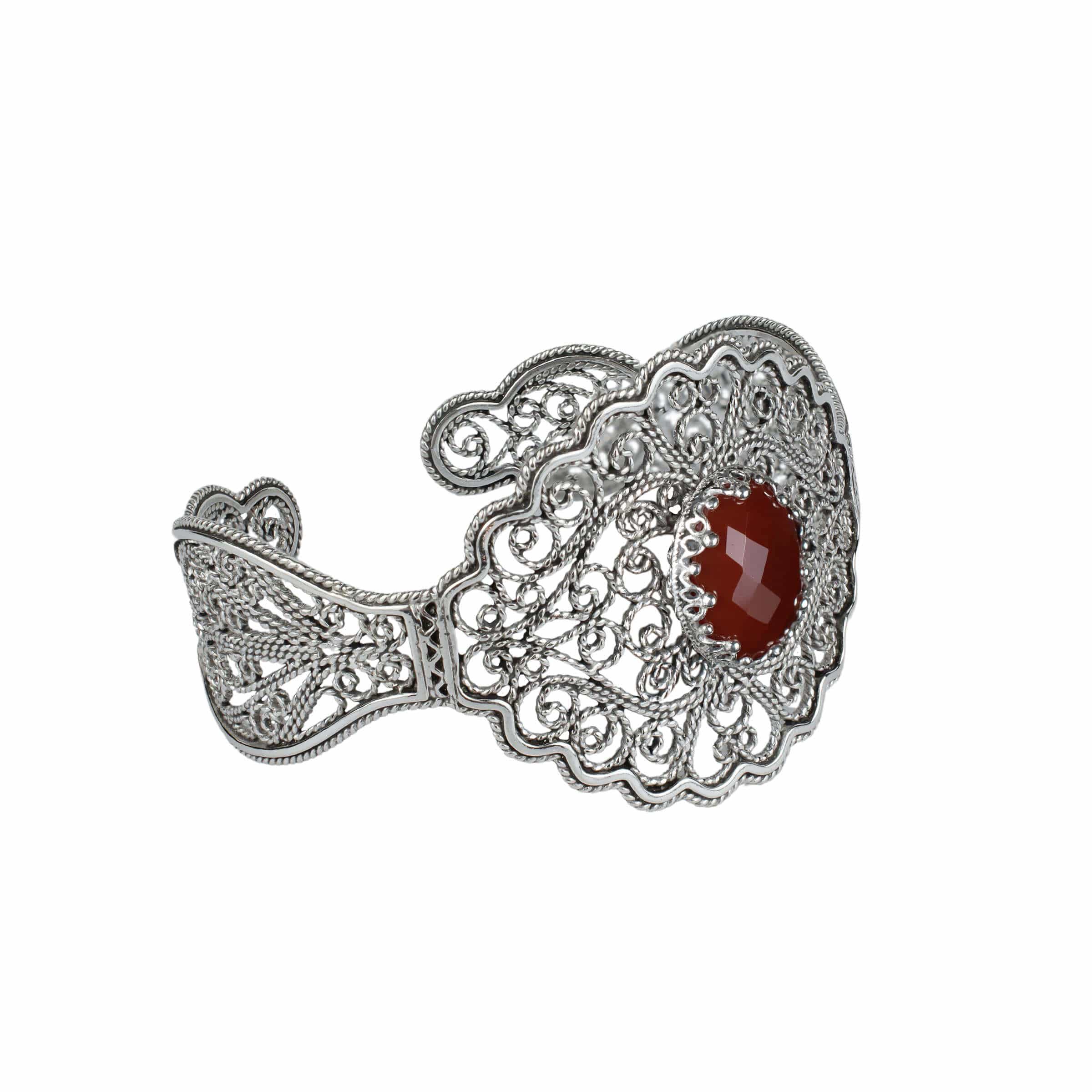 Filigree Art Carnelian Gemstone Lace Detailed Women Silver Cuff