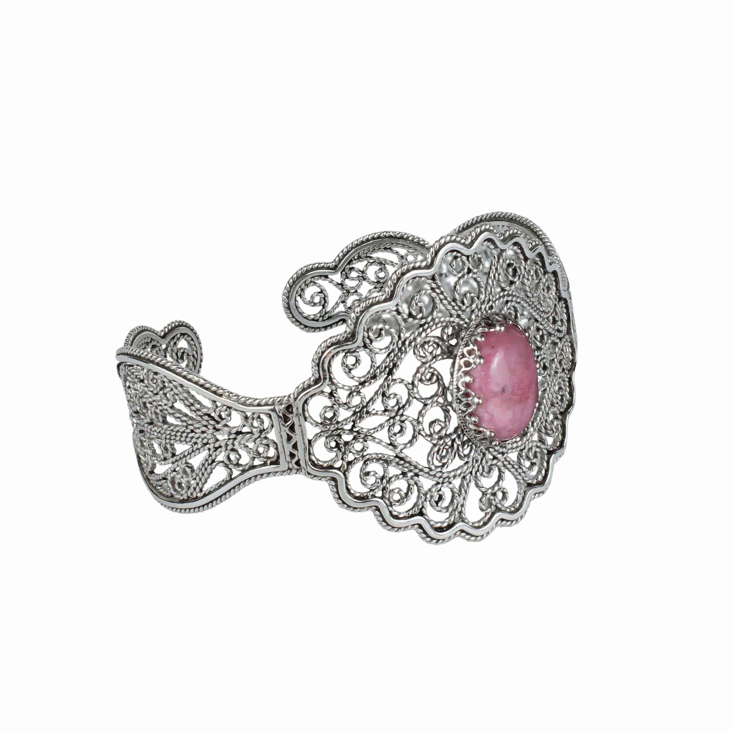 Filigree Art Rhodonite Gemstone Lace Detailed Women Silver Cuff