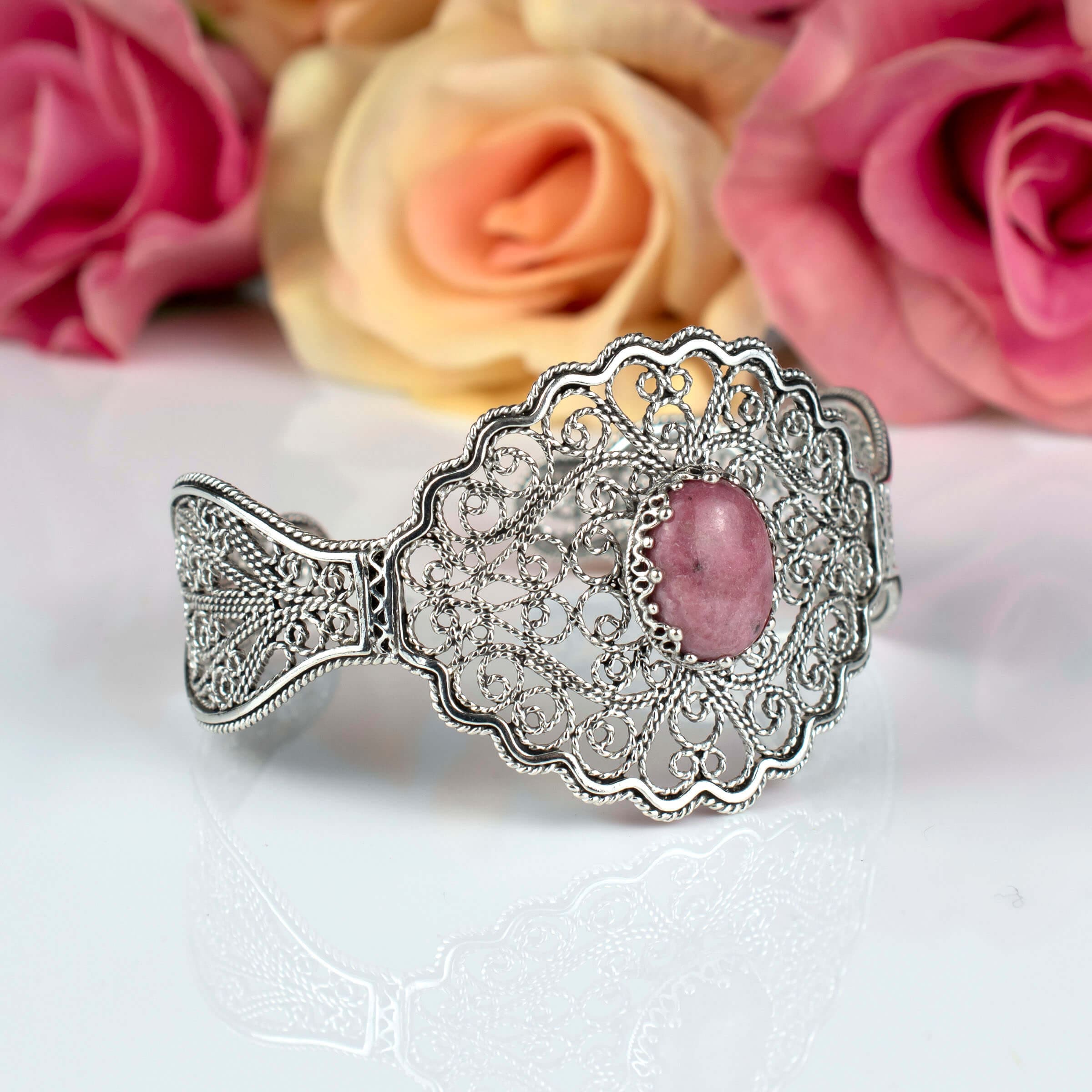 Filigree Art Rhodonite Gemstone Lace Detailed Women Silver Cuff