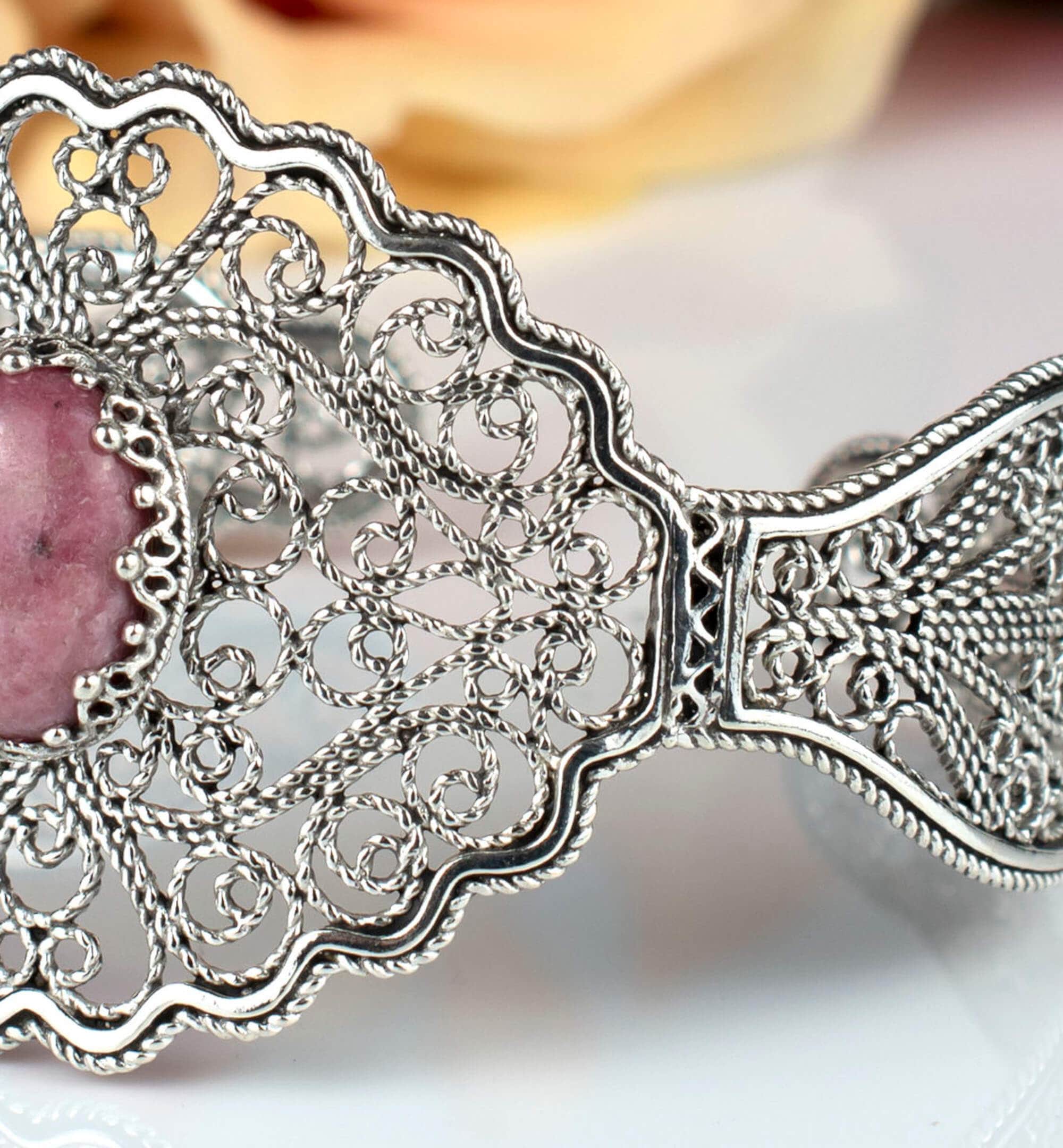 Filigree Art Rhodonite Gemstone Lace Detailed Women Silver Cuff